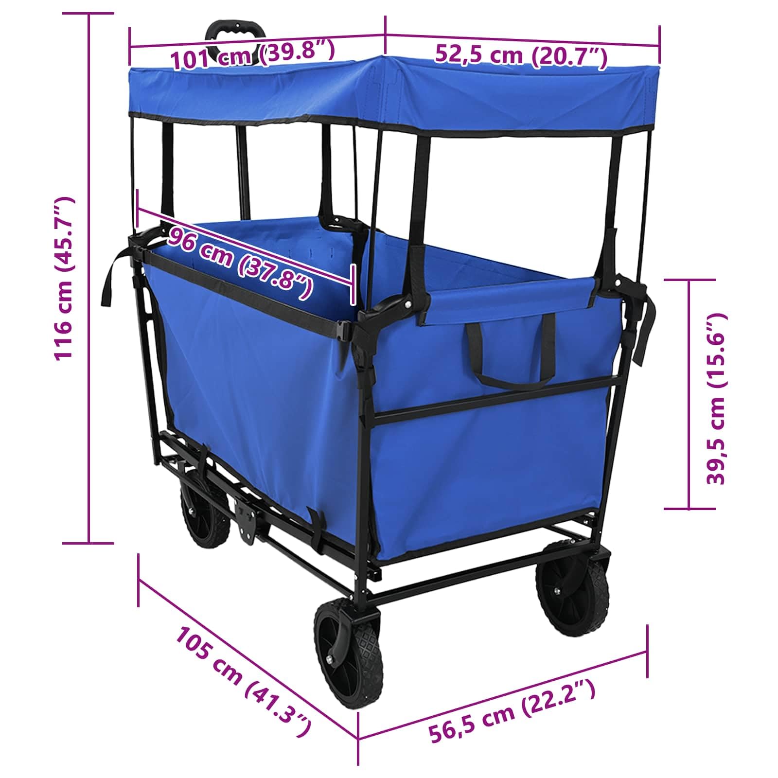 Klapp-Handwagen Schwarz 105 x 56,5 x 116 cm Oxford-Stoff mit verstärktem Metallrahmen, faltbar, schwerlast, für Umzug, Garten, Lager, mit verstellbarem Griff und 360° Rädern