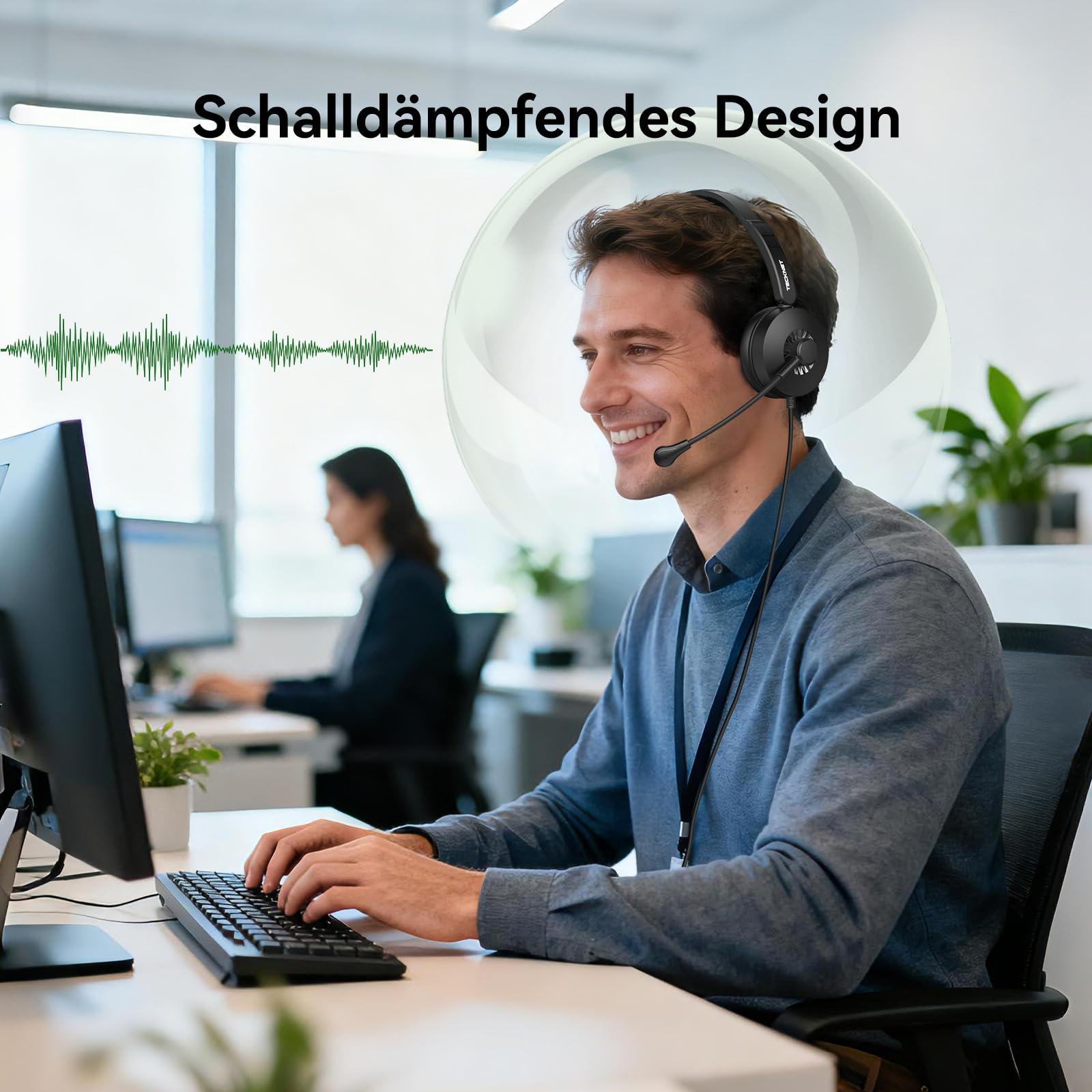 TECKNET Headset mit Mikrofon, USB Headset, kabelgebundenes PC-Headset, 2,0 m langes Kabel, Stereo-Kopfhörer für Skype, Teams-Meetings, Call-Center, Büroanrufe und Online-Konferenzen