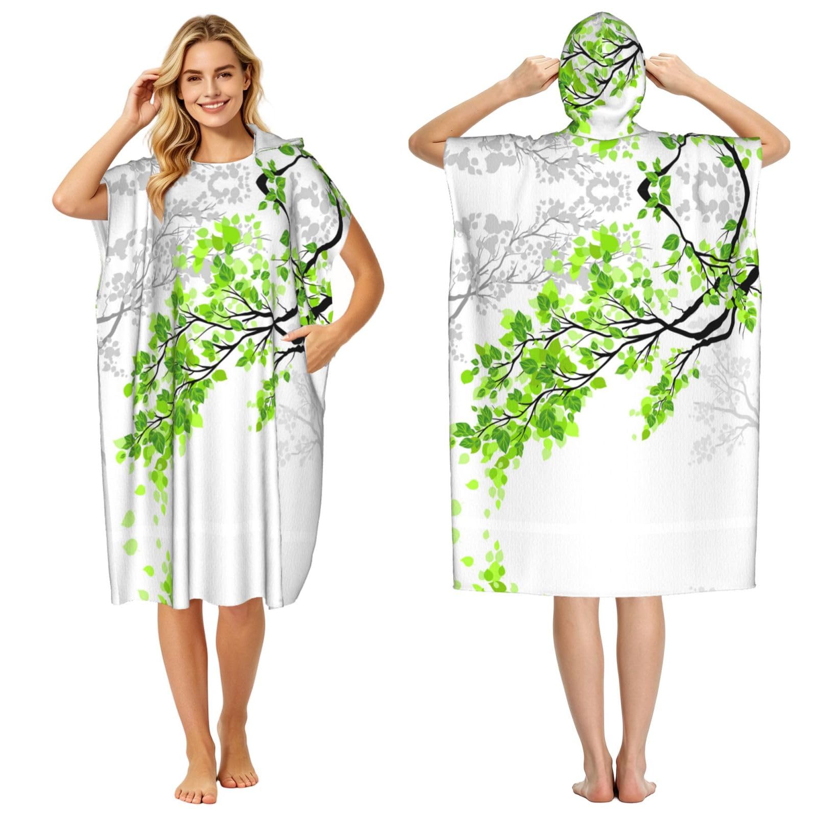 EZDLOWVBA Refreshing Leaves Print Hooded Poncho Microfiber Beach Towel,Adult Women & Men Changing Robe,Lightweight Summer Surf Swim Bath Poncho Towel