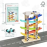 Vista 3 de TOP Bright Rampa de madera para autos de pista de carreras para niños pequeños de 1 a 3 años con 6 mini autos, 1 garaje para automóviles y puentes