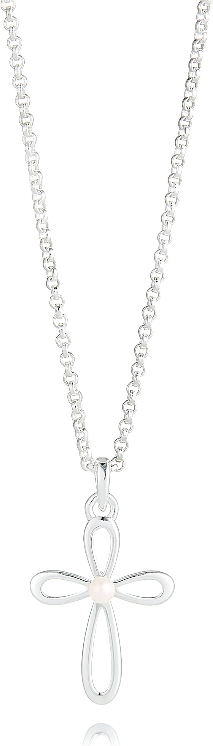 London Sterling Silver Rounded Cherish Pearl Cross Necklace. Ideal for Christening, Holy Communion Gifts for Girls, Flower Girl and Bridesmaids Gifts