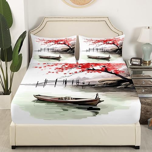 Miniatura 2 de Erosebridal Sábana bajera ajustable de estilo japonés, tamaño Queen, 3 piezas, hojas de cama de flor de cerezo, pintura de tinta de acuarela,