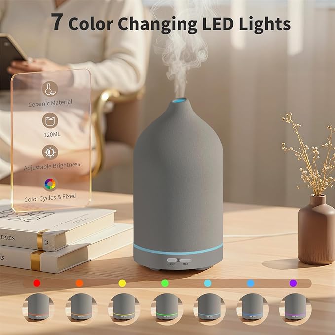 Difusor de Aromas URPOWER 120ml, Cerámica Gris, 7 Luces LED miniatura 3