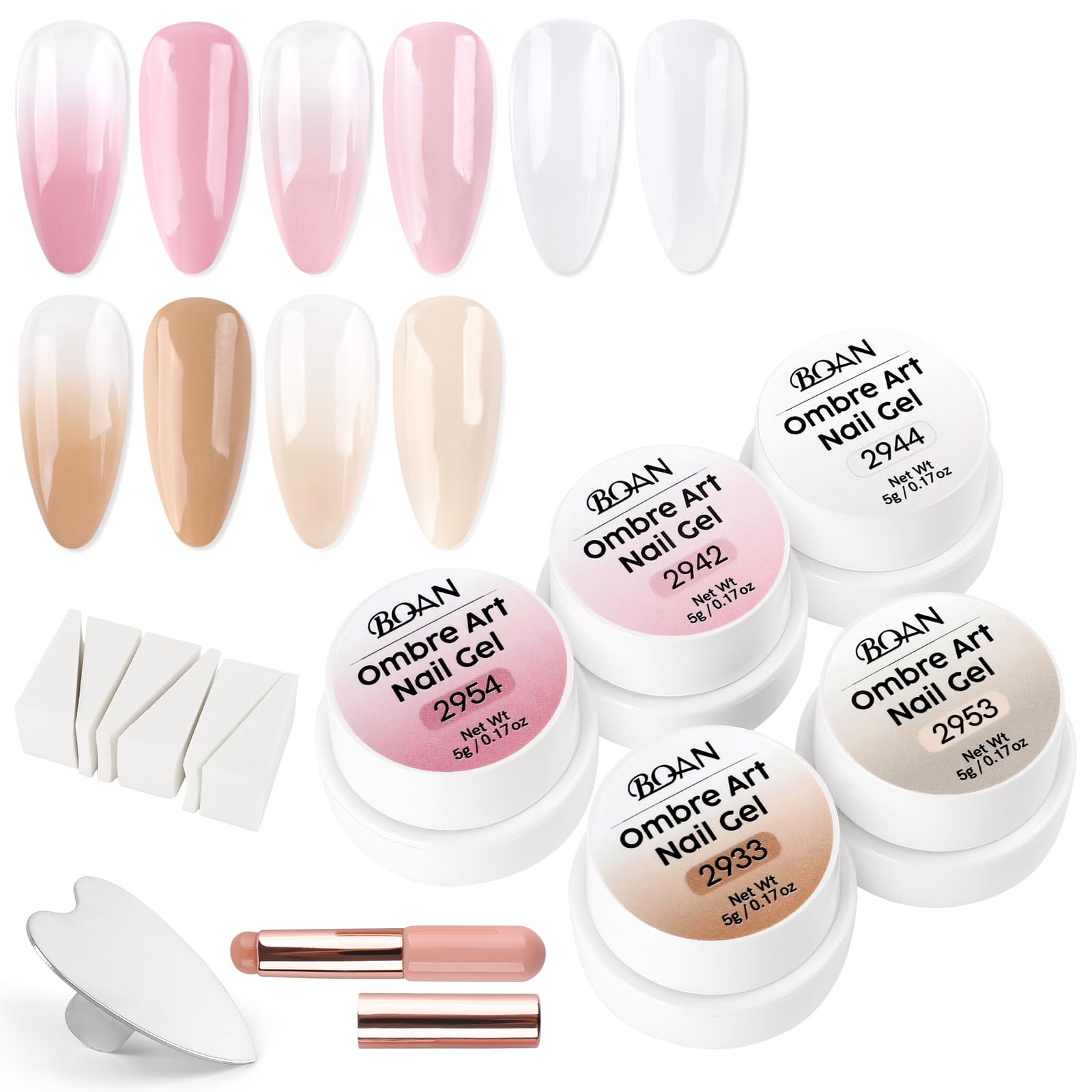 BQAN Patting Gel Polish Kit - Pro Ombre 5 Color Gradient Set with Sponges, Silicone Brush & Palette for French Aura Manicure Salon-Quality DIY Nail