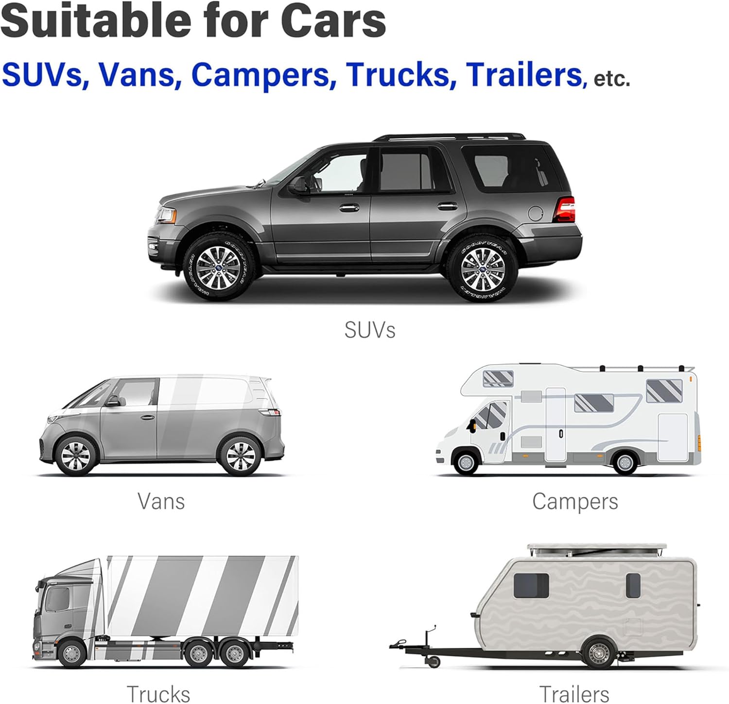 Various vehicle types including SUVs, vans, campers, trucks, and trailers.