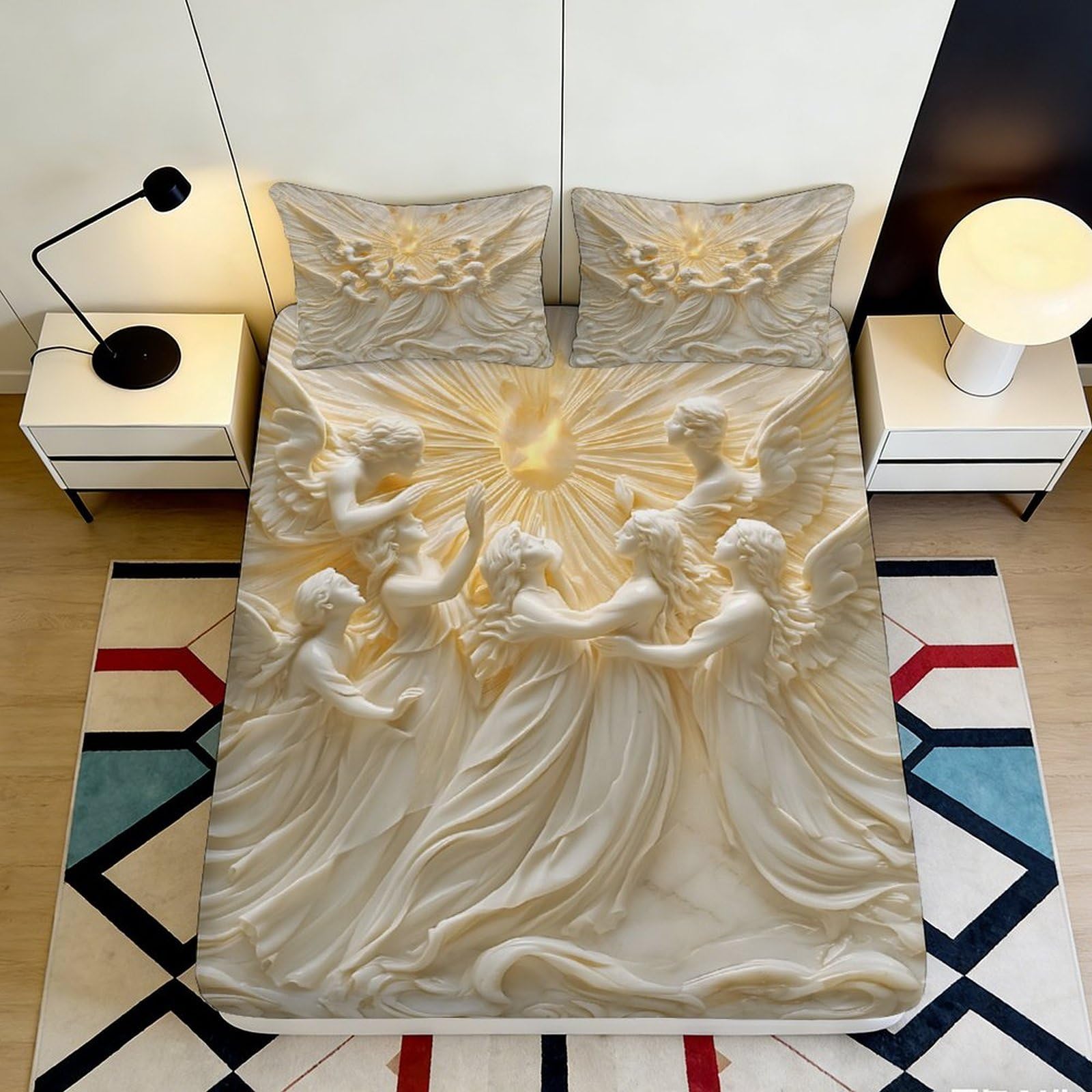 3D Printed Angelic Sculpture Fitted Sheet Microfiber Soft Durable Heavenly Glow Bed Cover for Bedroom Dormitory Guest Room Mattress Protection 180x200x25cm