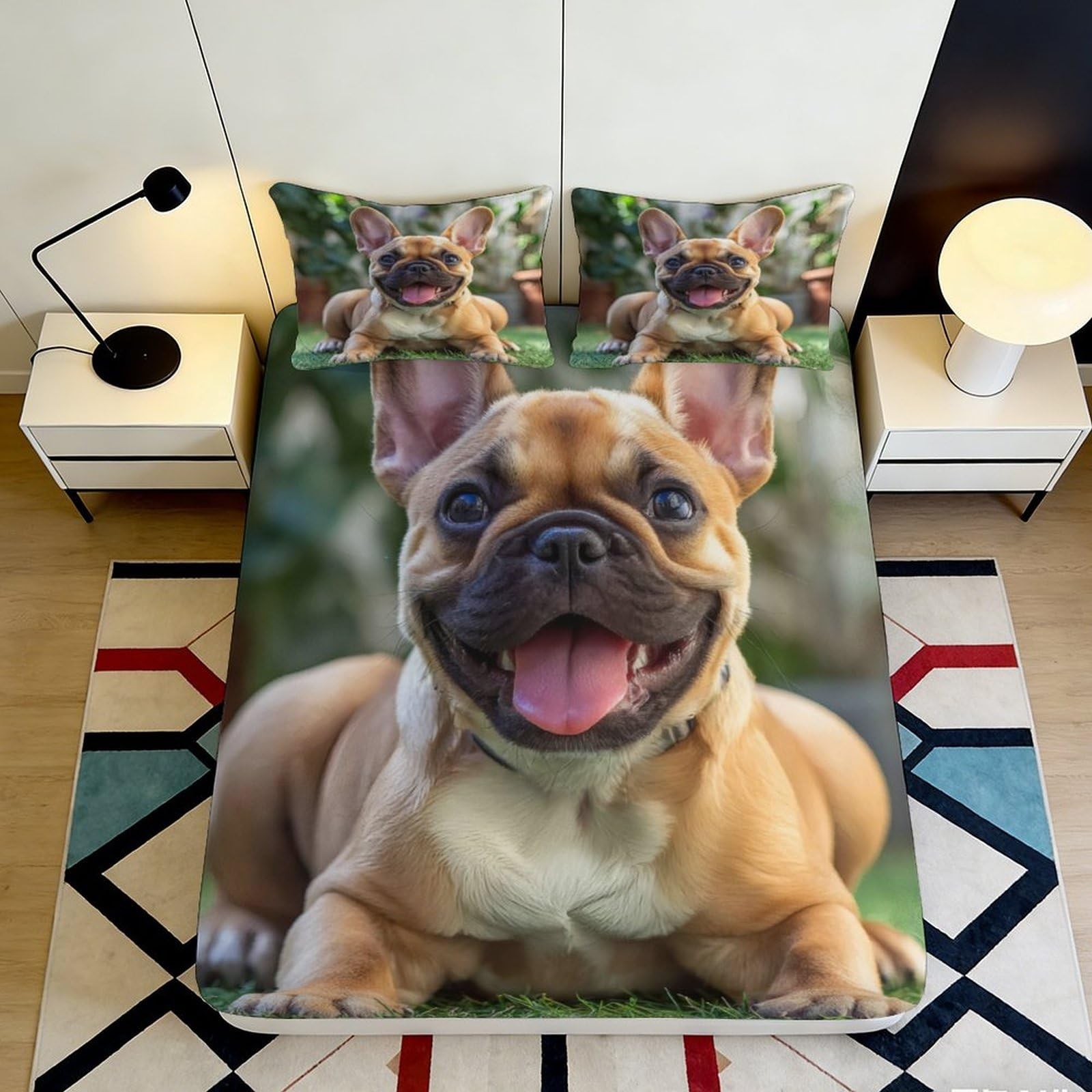 3D Printed Happy French Bulldog Fitted Sheet Microfiber Soft Breathable Playful Puppy Bed Cover for Bedroom Dormitory Guest Room Mattress Protection 120x200x25cm