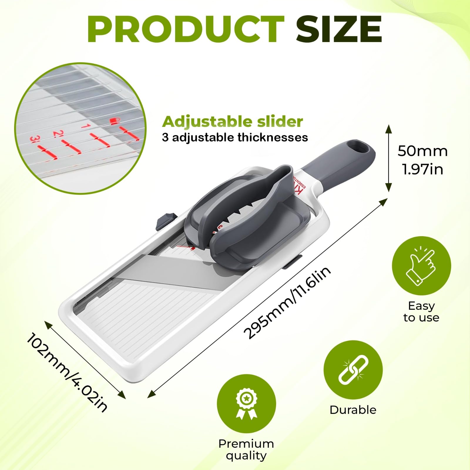 Mandoline pour cuisine - Lames réglables en acier inoxydable avec prise en main confortable - Trancheuse de légumes pour concombre, oignon, pomme de terre de petite et moyenne taille - Gris