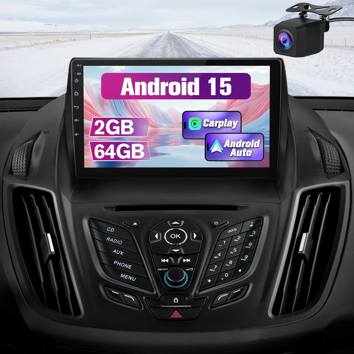 Car Radio Stereo Upgrade for Ford Escape Kuga 2013-2016, Android Head Unit with 9 Inch Touch Screen/Backup Camera/Wireless CarPlay & Android Auto/Mirroring/WiFi/Bluetooth/SWC