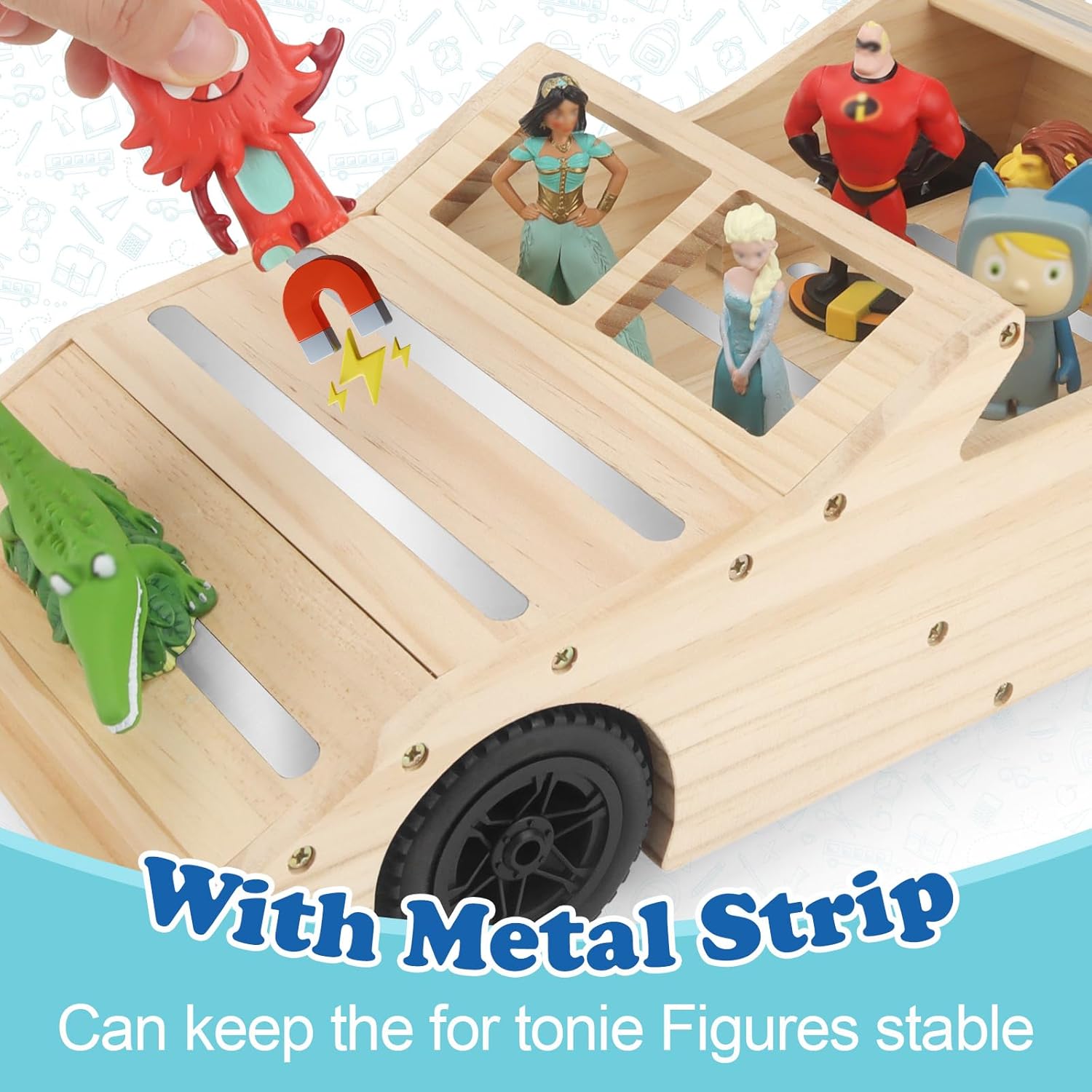 Taladad Storage & Play Car for Toniebox and Tonie Figures Storage Shelf (Wooden Trailer), Magnetic Shelves Compatible with Tonie Box Player Character for Children Room (Natural, Sports car)