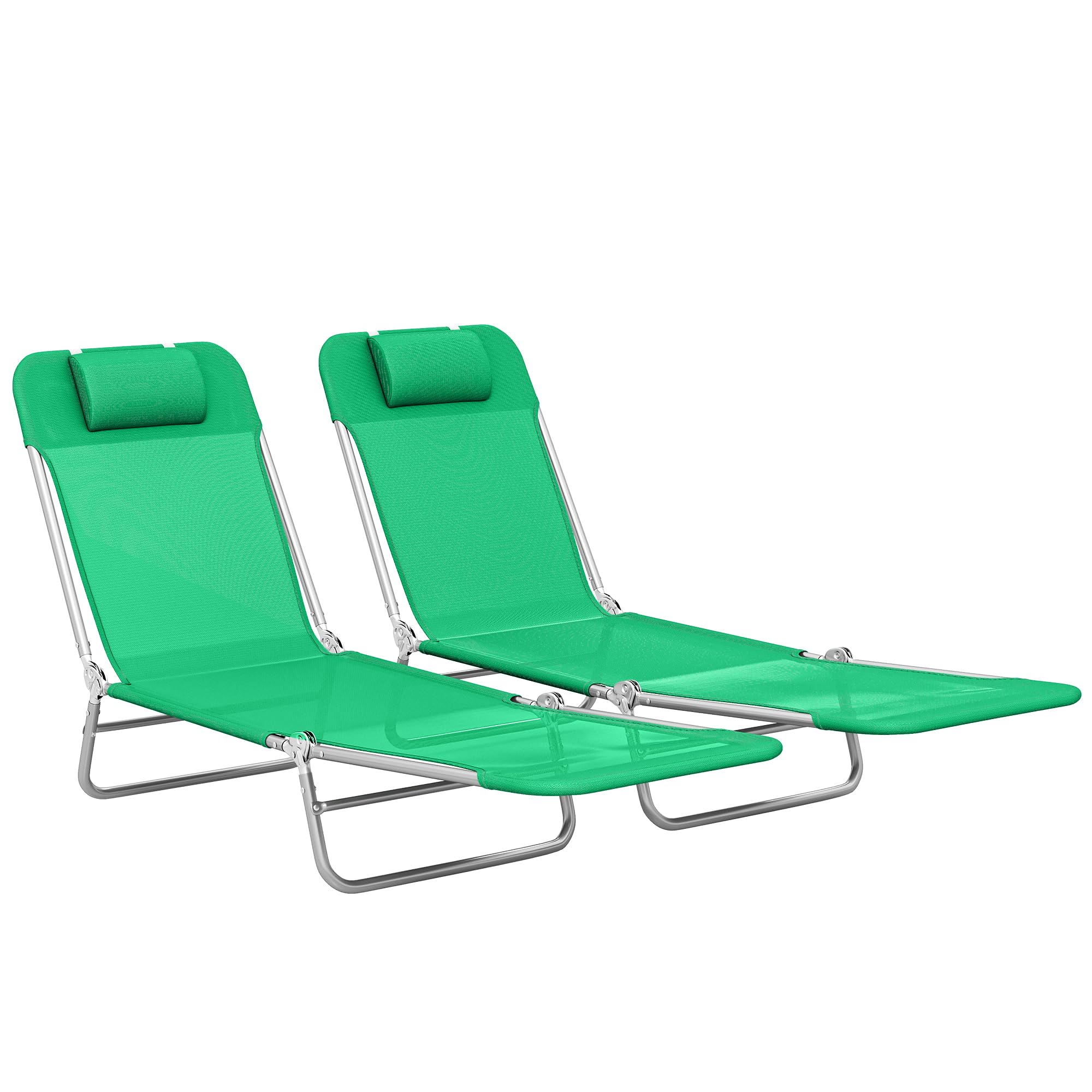 Outsunny Folding Sun Loungers for Garden Set of 2, Texteline Reclining Sun Bed with 5 Position Adjustable Backrest, Headrest, Portable Garden Lounger Recliner Chair for Beach, Patio, Camp, Dark Green