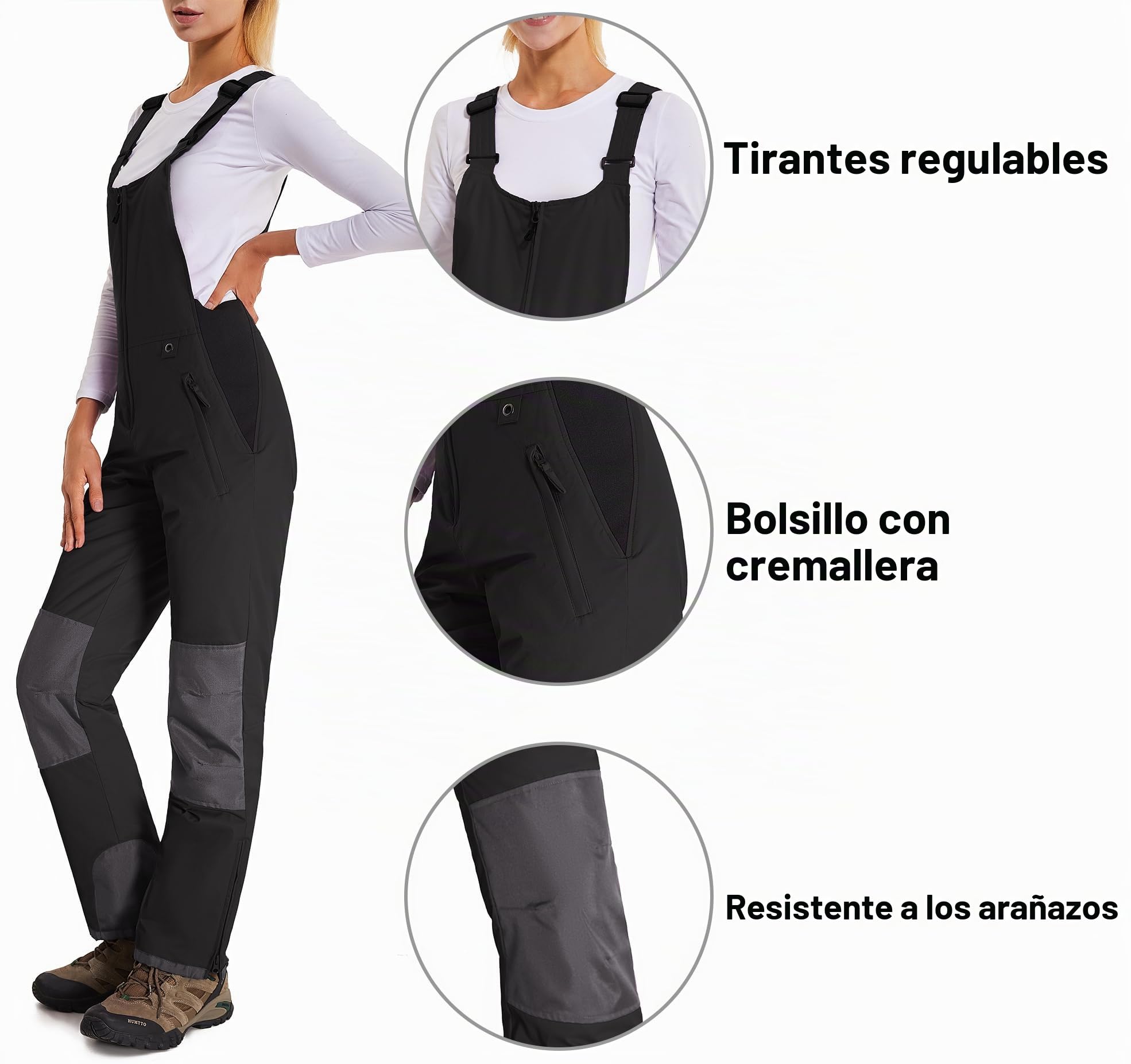 Pantalones Nieve Esquí Mujer Invernal Pantalón Softshell Calor Pantalones de Trabajo Largos Prueba Viento Impermeable Mono Outdoor Pantalón Funcional con Tirantes Ajustables HXK7664W-Black-M