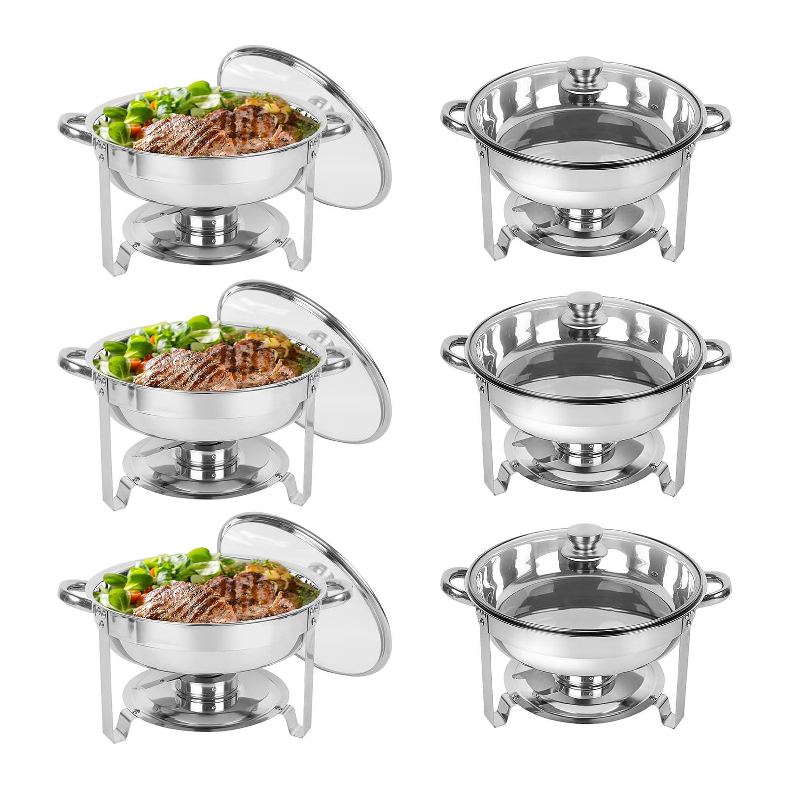 IMACONE Chafing Dish Buffet Set 6 Pack, 5QT Round Stainless Steel Chafer for Catering in Glass Lid, Chafers and Buffet Warmer Sets w/Food & Water Pan, Lid, Frame, Fuel Holder for Event Party Holiday