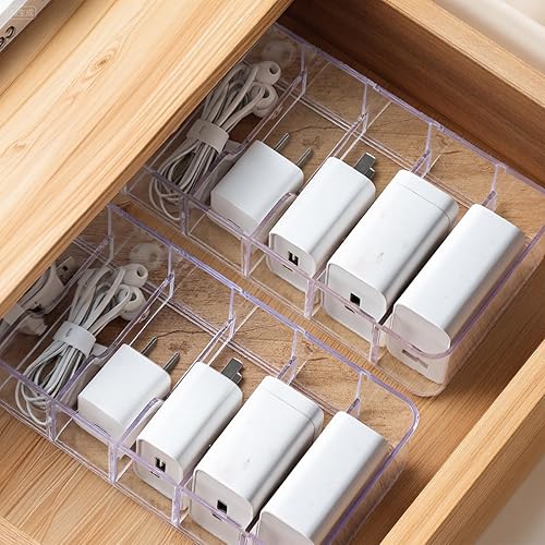 Miniatura 3 de Paquete de 4 cajas organizadoras de cables de plástico con 40 lazos de alambre, compartimentos ajustables transparentes para almacenamiento de