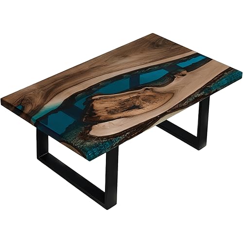 Live Edge Coffee Table, Solid Walnut Wood with Blue Epoxy Resin River, Black Metal Base (32" X 20" in)
