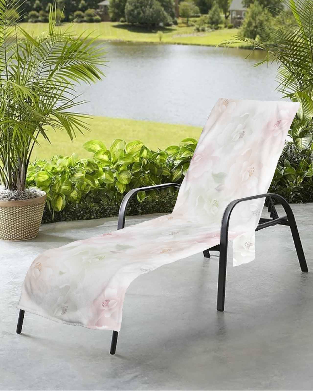 Pink White Floral Beach Chair Towel Covers for Chaise Lounge with Side Pocket, Soft Plush Pool Towels Cover for Patio Sunbathing Outdoor Rose Flower Spring Botanical Watercolor 29''x85''