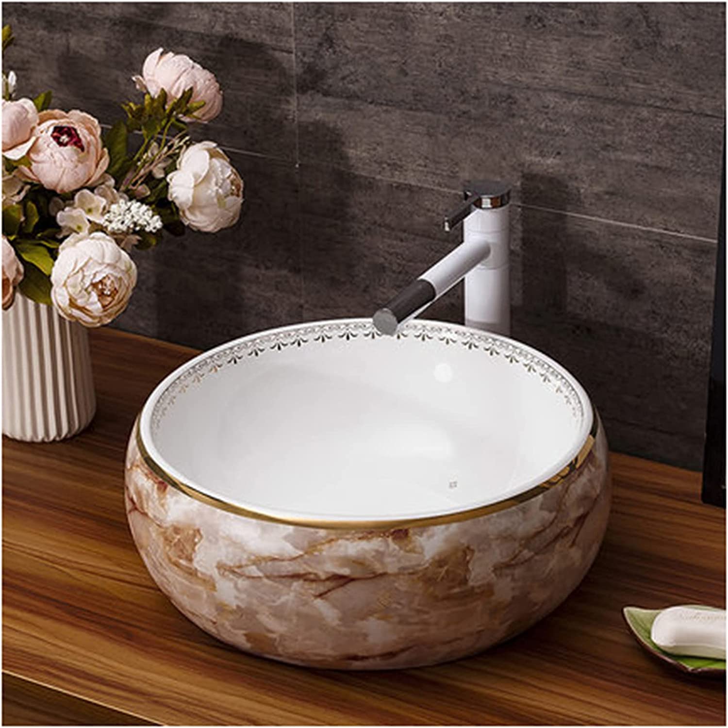 Ceramiczna Umywalka Łazienkowa, Okrągła Umywalka Łazienkowa, Umywalka Nablatowa, Umywalka Artystyczna, Umywalka Nablatowa, Wzór Marmuru, Ceramiczna Umywalka Nablatowa, 41X14 C,Singlevesselsink