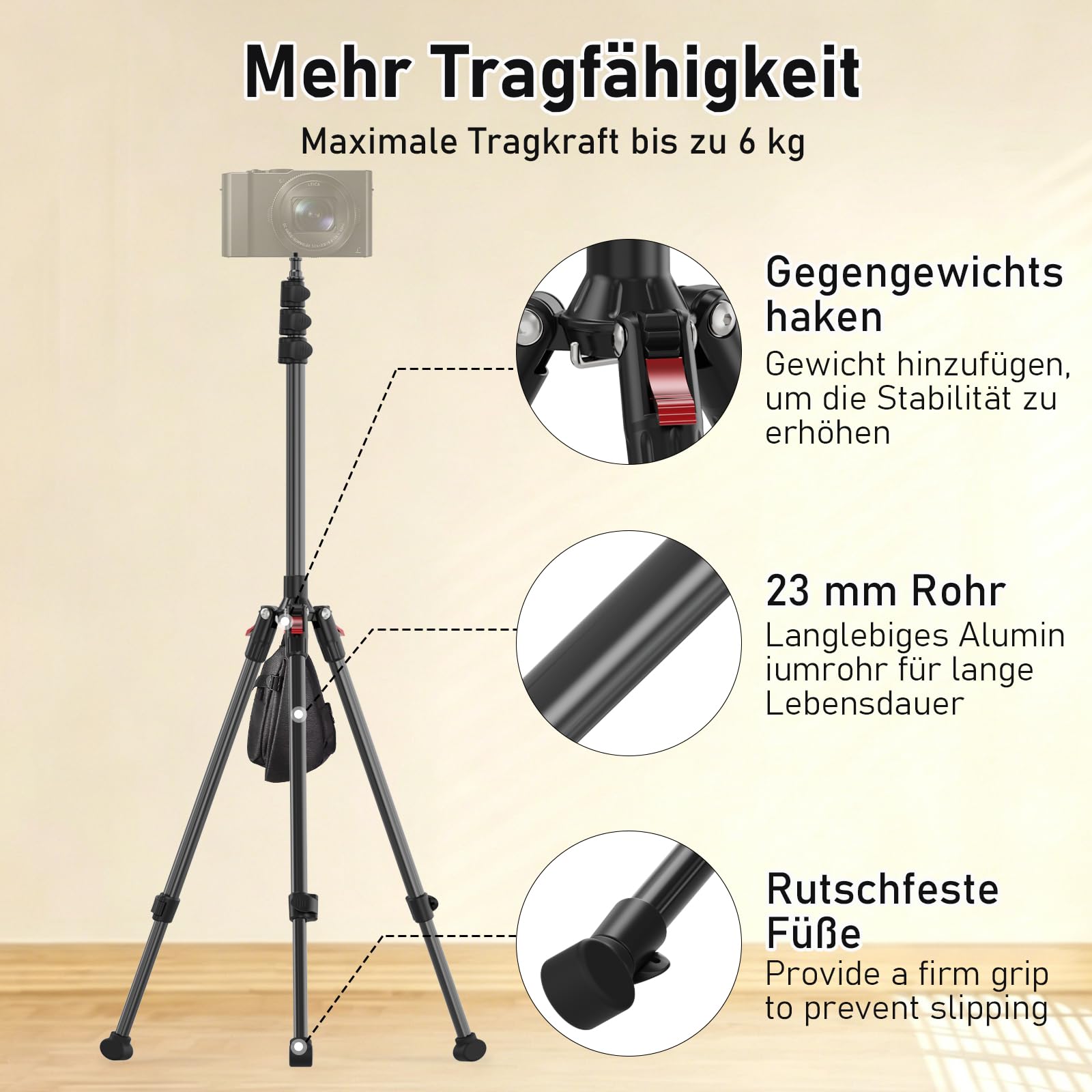 Lichtstativ 44-200cm, Aluminium Light Stand, Licht Stativ 1/4 Zoll, Max Last 6kg