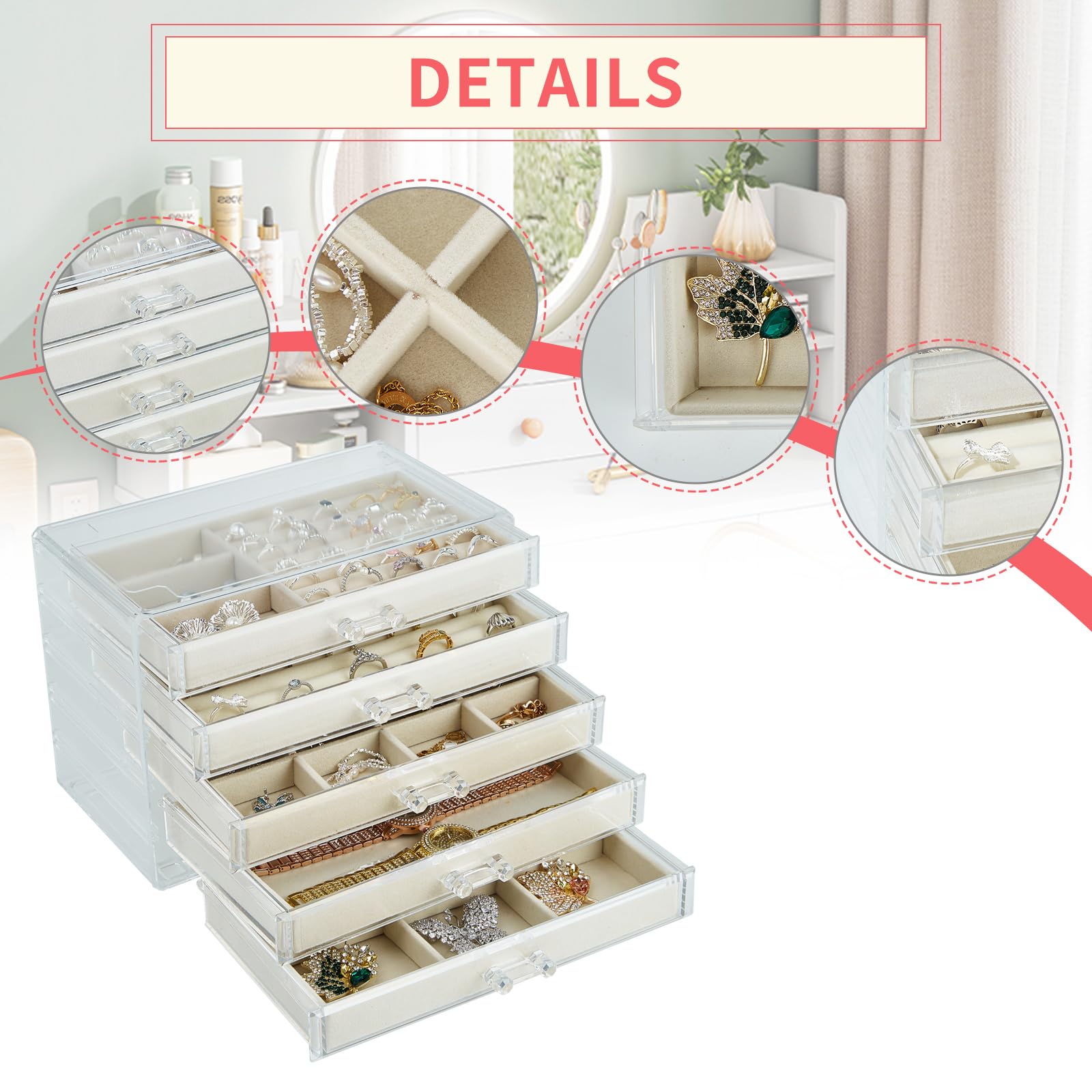COBOXOY Acrylic Jewelry Box with 5 Drawers, Jewelry Case Storage for Women