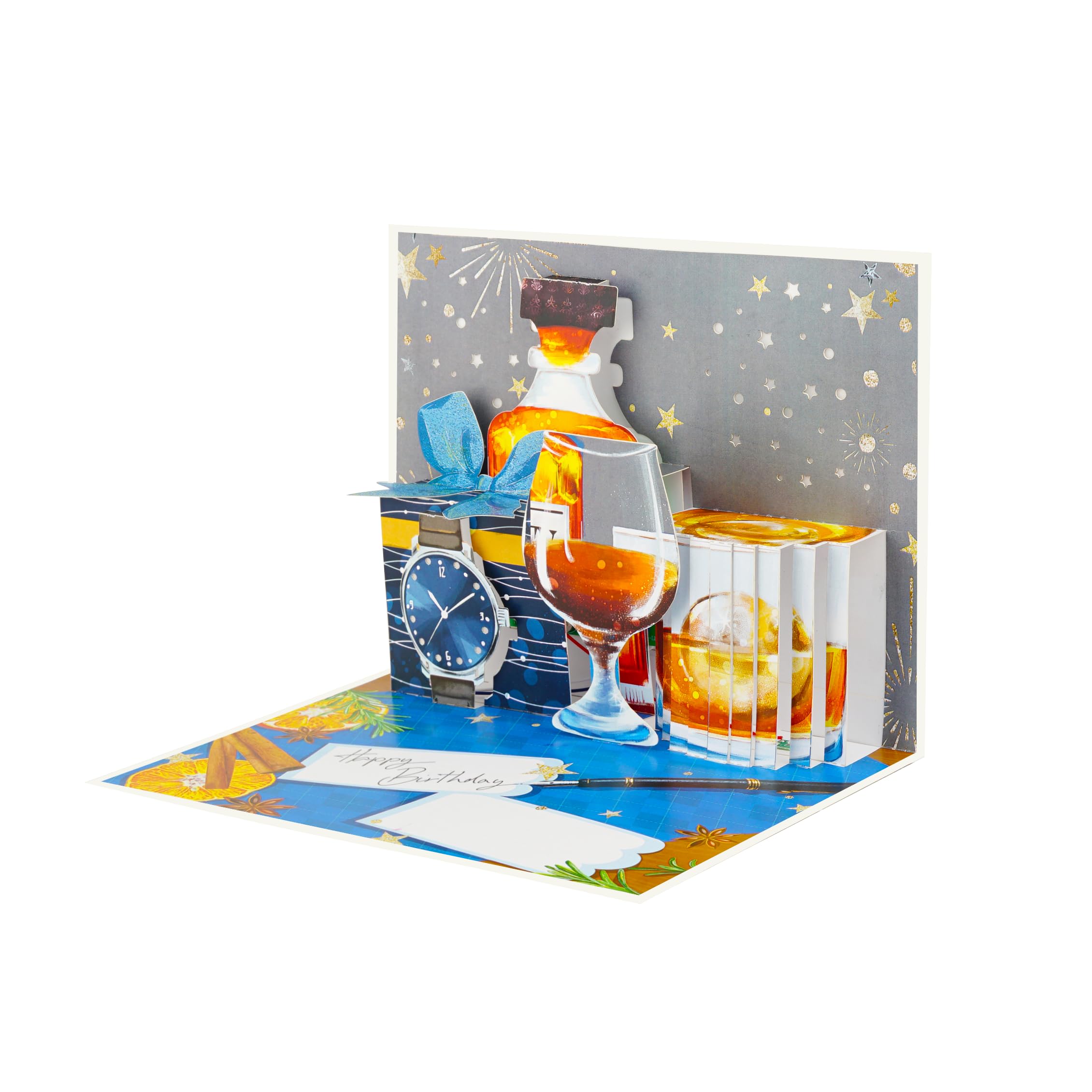 Crafted Memories 3D Whiskey & Cigar Birthday Pop Up Card – Luxury Gentleman’s Greeting Card for Him – Vintage Whiskey Bottle & Watch Anniversary Card — image 1