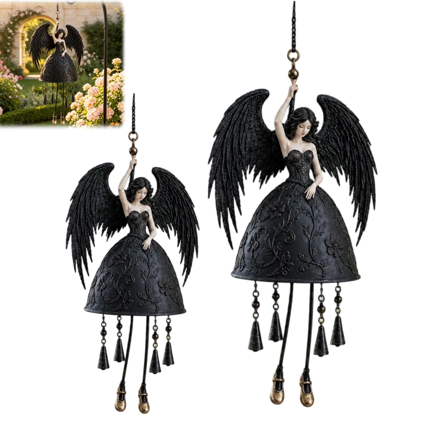 Dark Angel Gothic Wind Chime,Halloween Black Wing Angel Sculpture Wind Chime,Enchanting Outdoor Garden Hanging Decor,for Patio Porch Yard Home Indoor Holiday Ornament