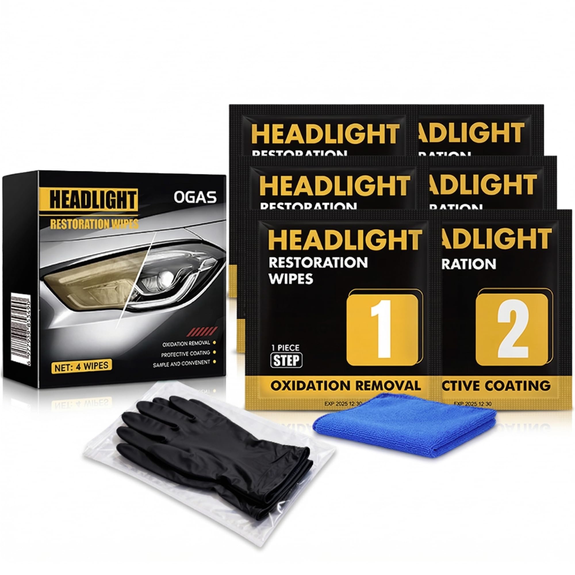 headlight restoration kit (3 sets), 2-step no sanding headlight cleaner wipes, removes yellowing & oxidation, restores clear headlights with uv protection, easy diy headlight repair kit for cars