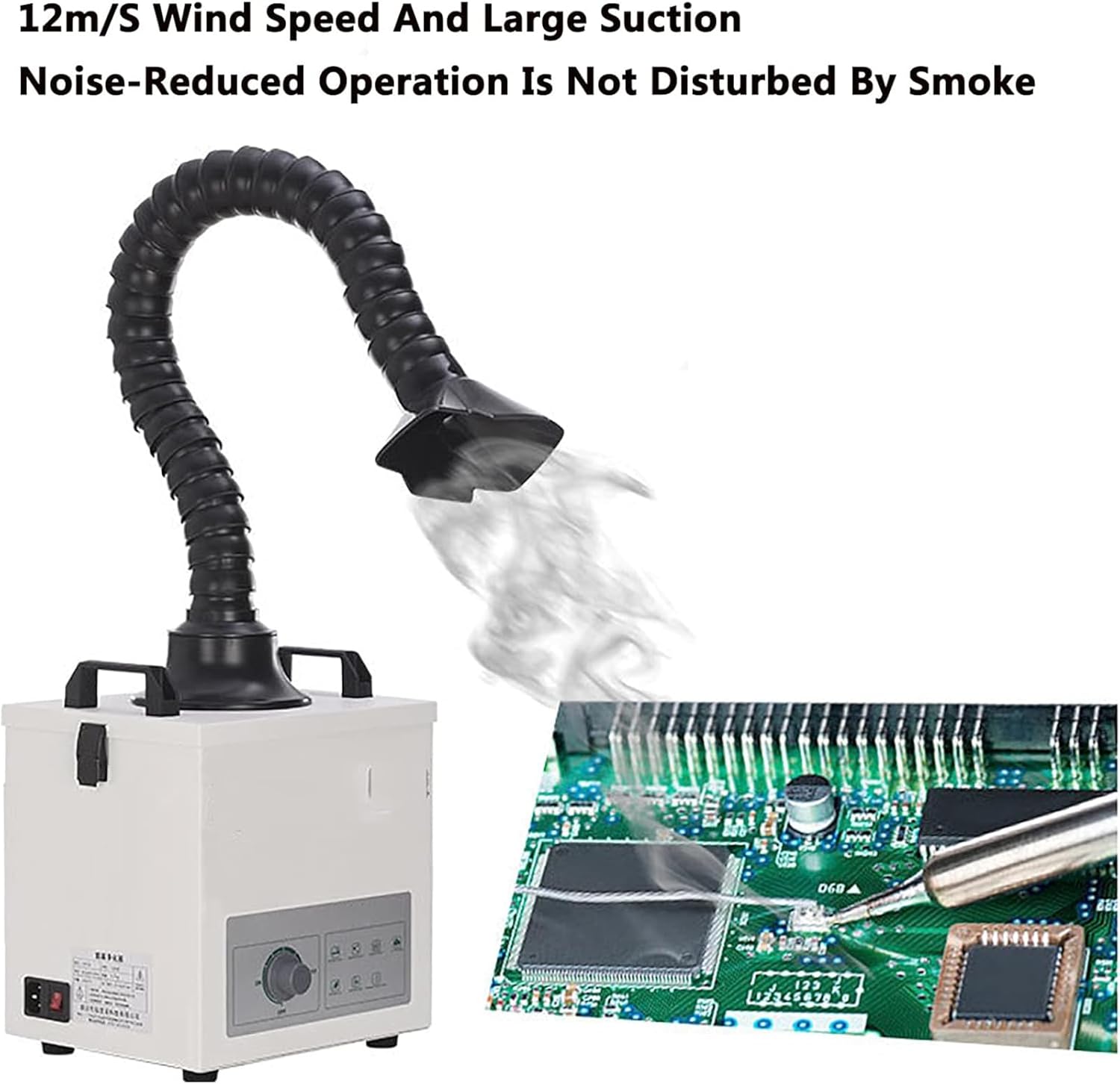 100W Solder Fume Extractor, Industrial Smoke Absorber with 3 Stage Filter and 360° Swivel Hose, 200m3/h Exhaust Flow and 12M/S Wind Speed, Low Noise, for DIY Soldering Welding