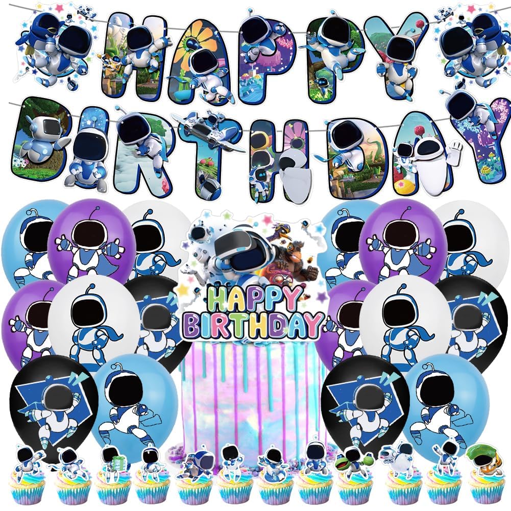 30-Piece Astro Robot Party Decorations Set: Space-Themed Balloons, Banner, Cake & Cupcake Toppers - Cartoon Birthday Party Supplies for Kids, Boys, Girls