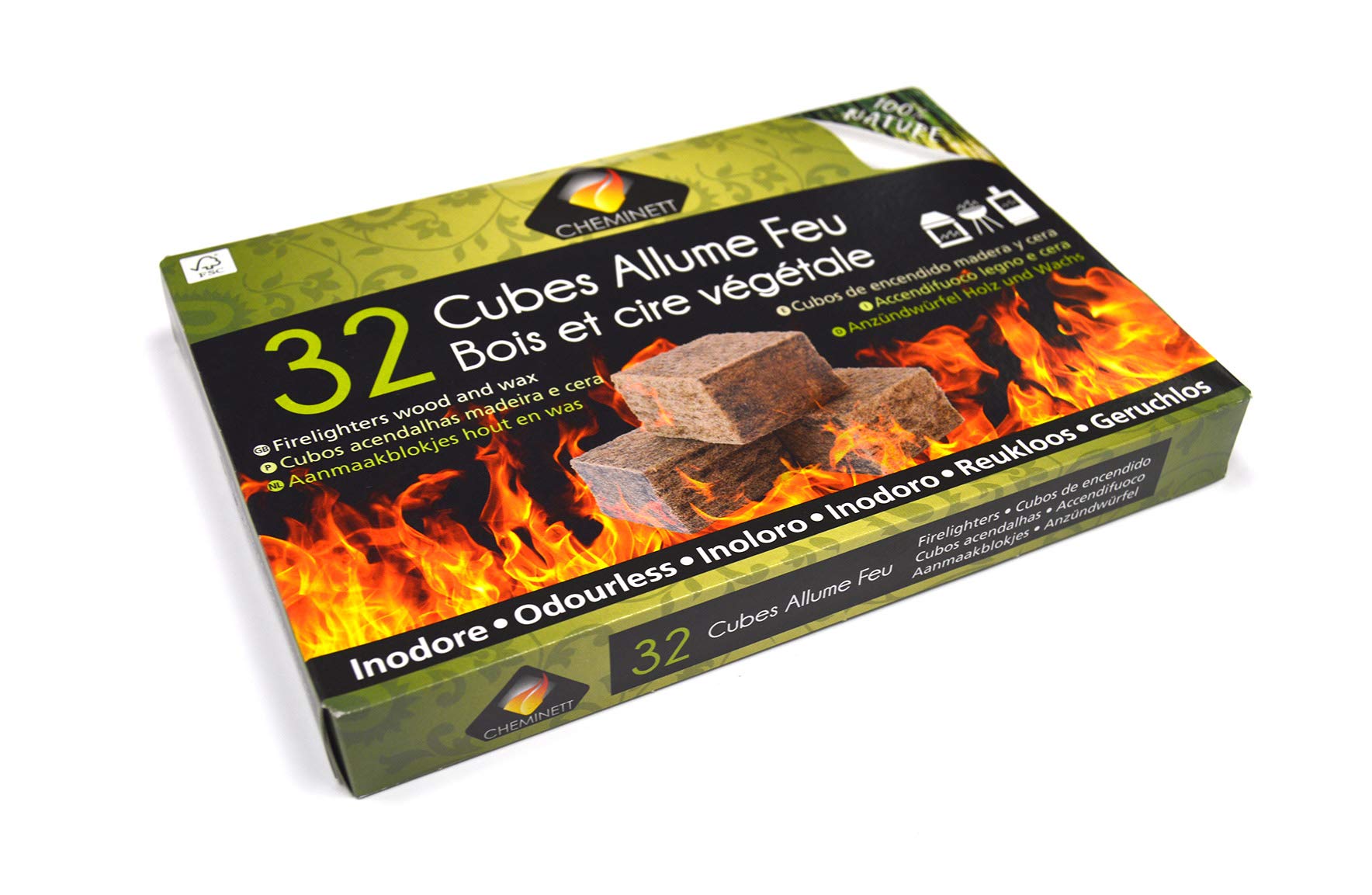 15751-32 Cubos Encendido precortados Cheminett naturales para encender chimeneas, estufas y barbacoas