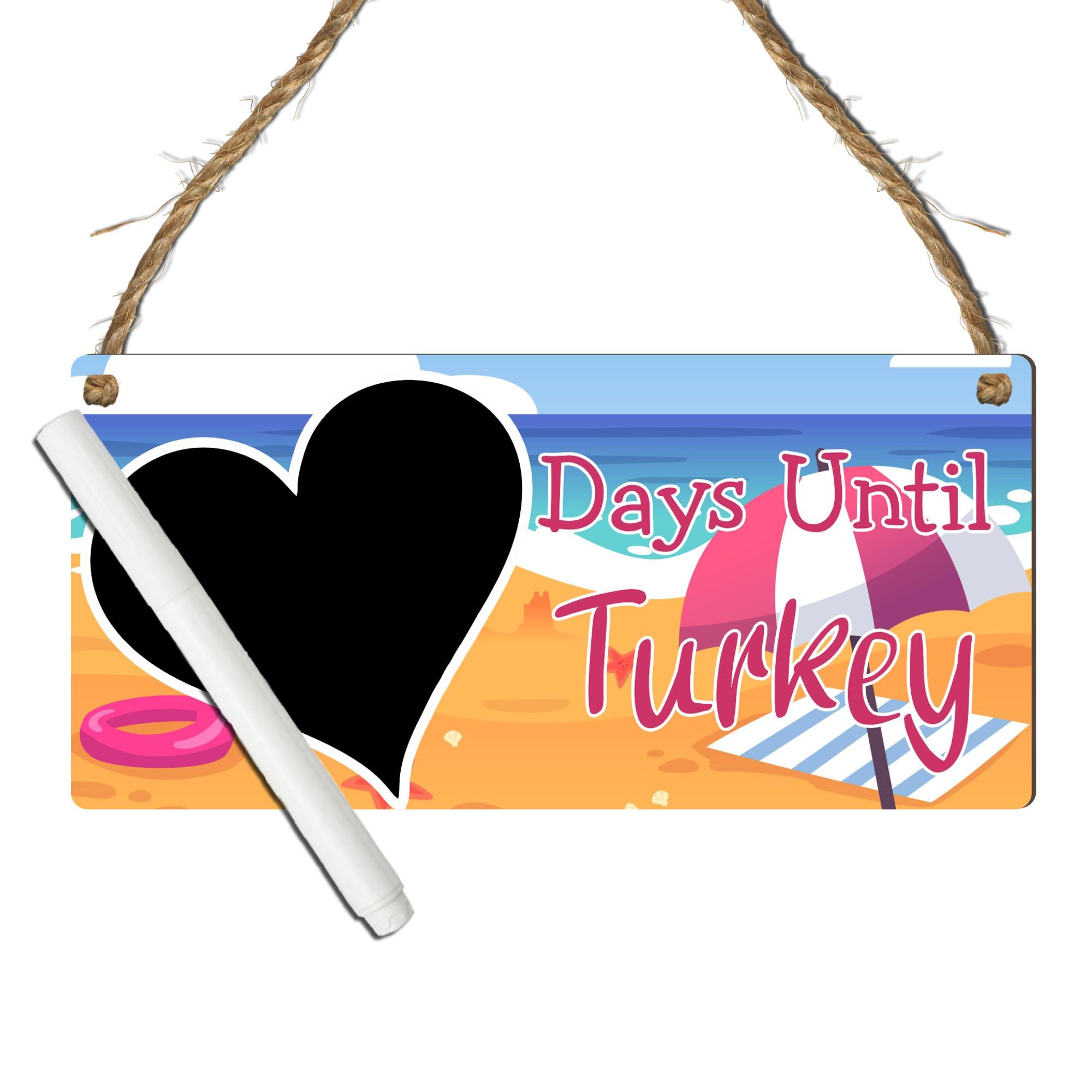 Days Until Turkey Holiday Countdown Plaque - MDF Wooden Hanging Sign with Heart Chalkboard, Perfect for Turkey Vacation Countdown, (Pink, With Pen, Large: 29 cm (H) × 13.5 cm (W))
