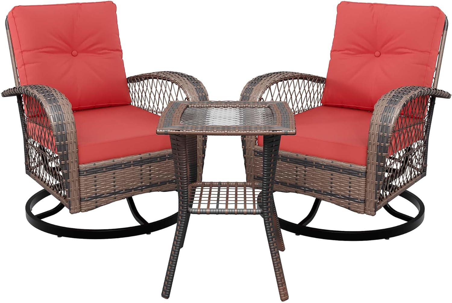 Swivel Rocker Patio Chairs Set of 2 with Side Table, 3 Pieces Patio Wicker Glider Chairs with Thickened Cushions, Outdoor Wicker Rocker Patio Chair Set for Balcony Front Porch Poolside Garden, Red