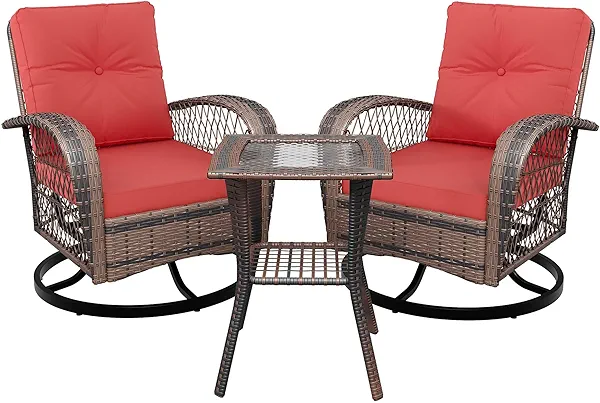 Swivel Rocker Patio Chairs Set of 2 with Side Table, 3 Pieces Patio Wicker Glider Chairs with Thickened Cushions, Outdoor Wicker Rocker Patio Chair Set for Balcony Front Porch Poolside Garden, Red