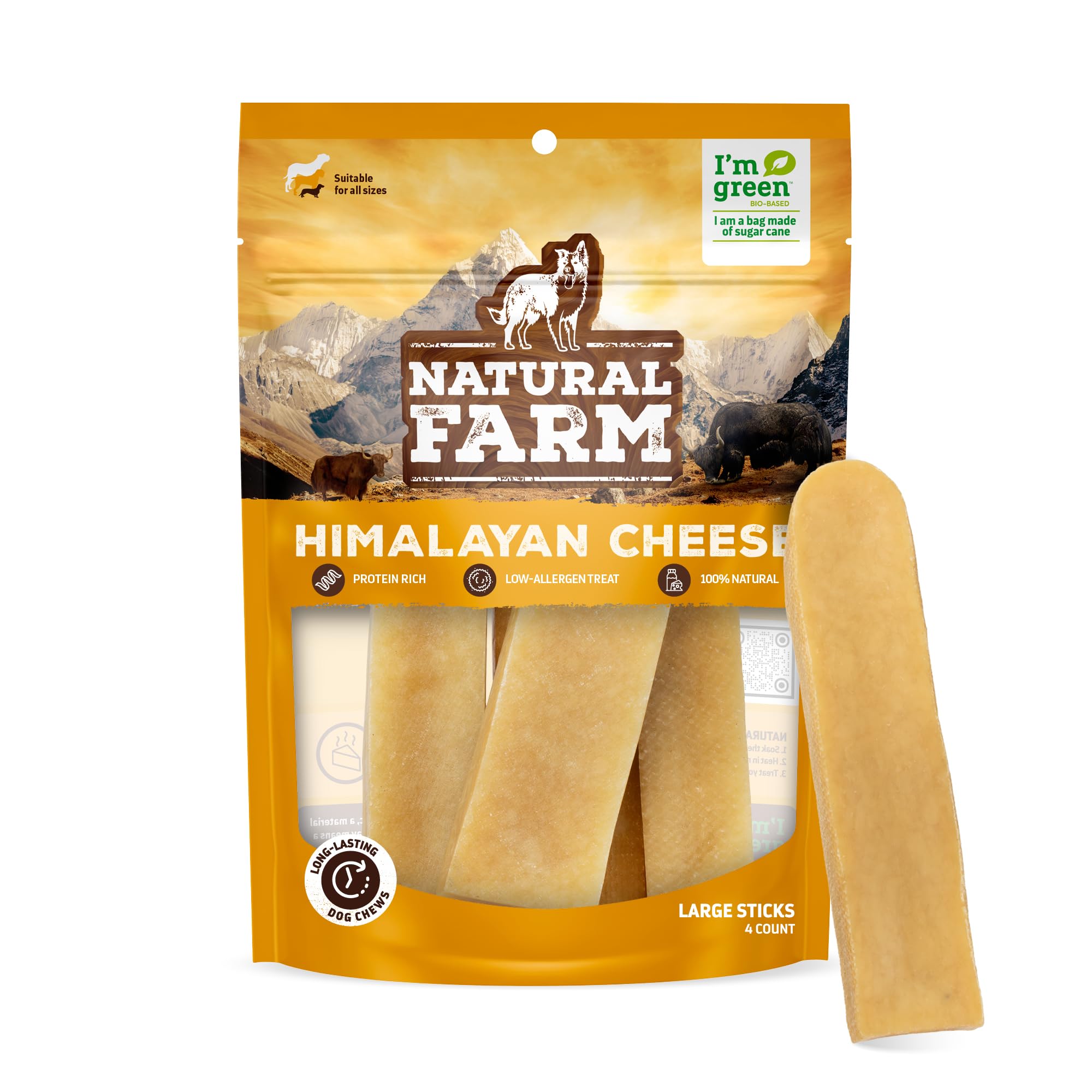 Natural Farm Himalayan Yak Cheese Chews, Protein-Rich, Low-Allergen, Lactose-Free, Gluten-Free, 100% Natural - Large, 4 Pack