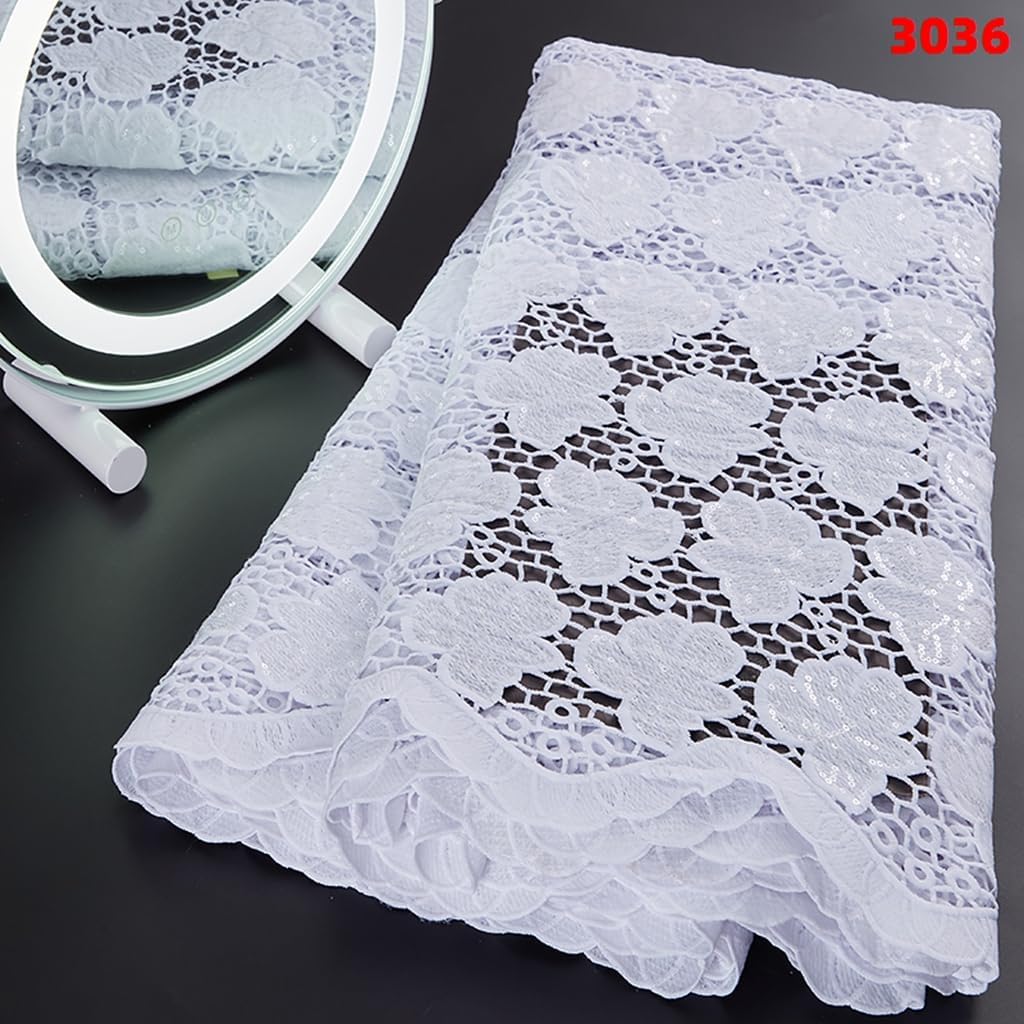 African Lace Fabric 5 Yards, French Jacquard Embroidery Water Soluble Solid White Lace Fabric for Party Wedding Dress
