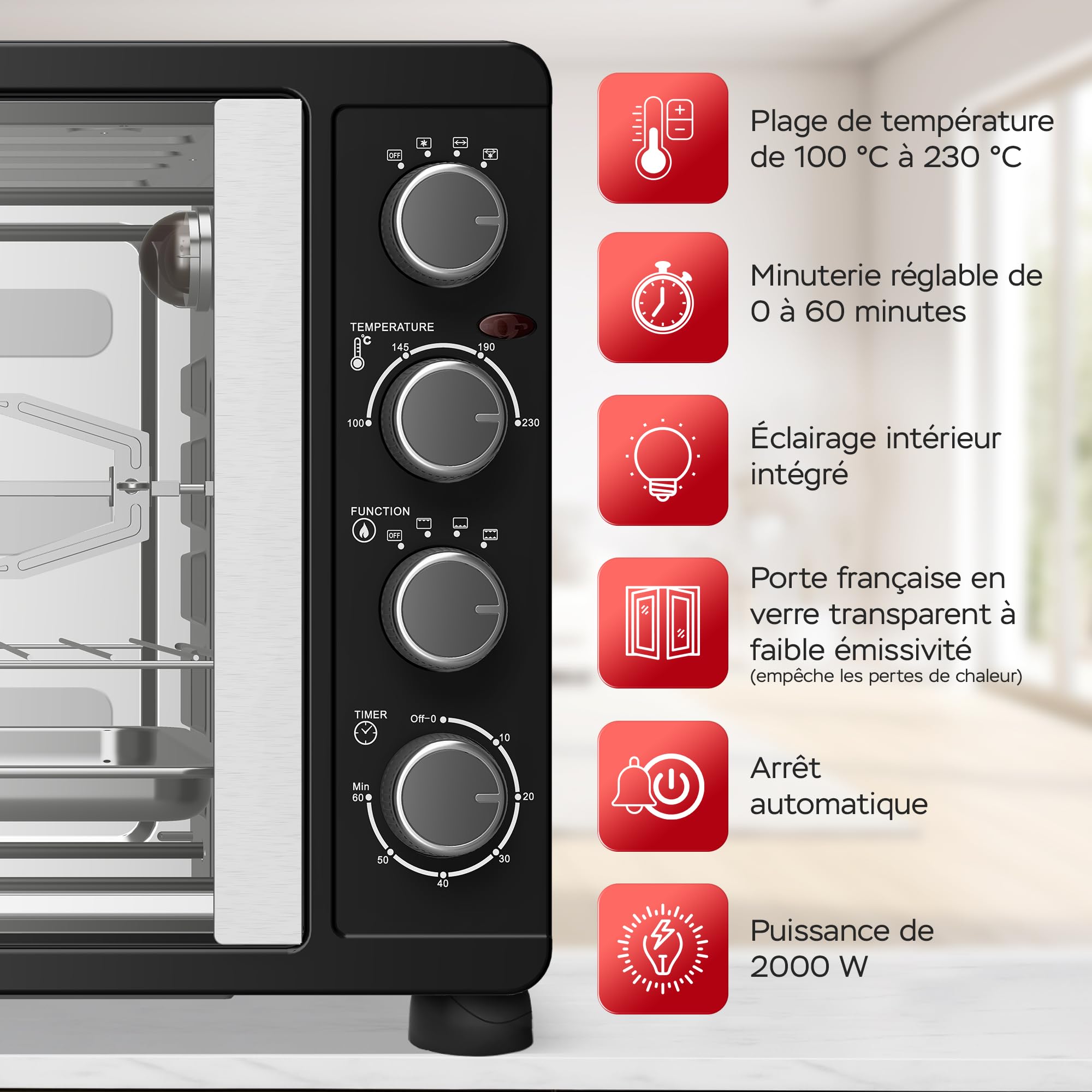 TurboTronic Mini four avec chaleur tournante, 45 l, noir, 2000 W, tournebroche, minuteur, mini four, four à pizza, plaque de cuisson, éclairage intérieur