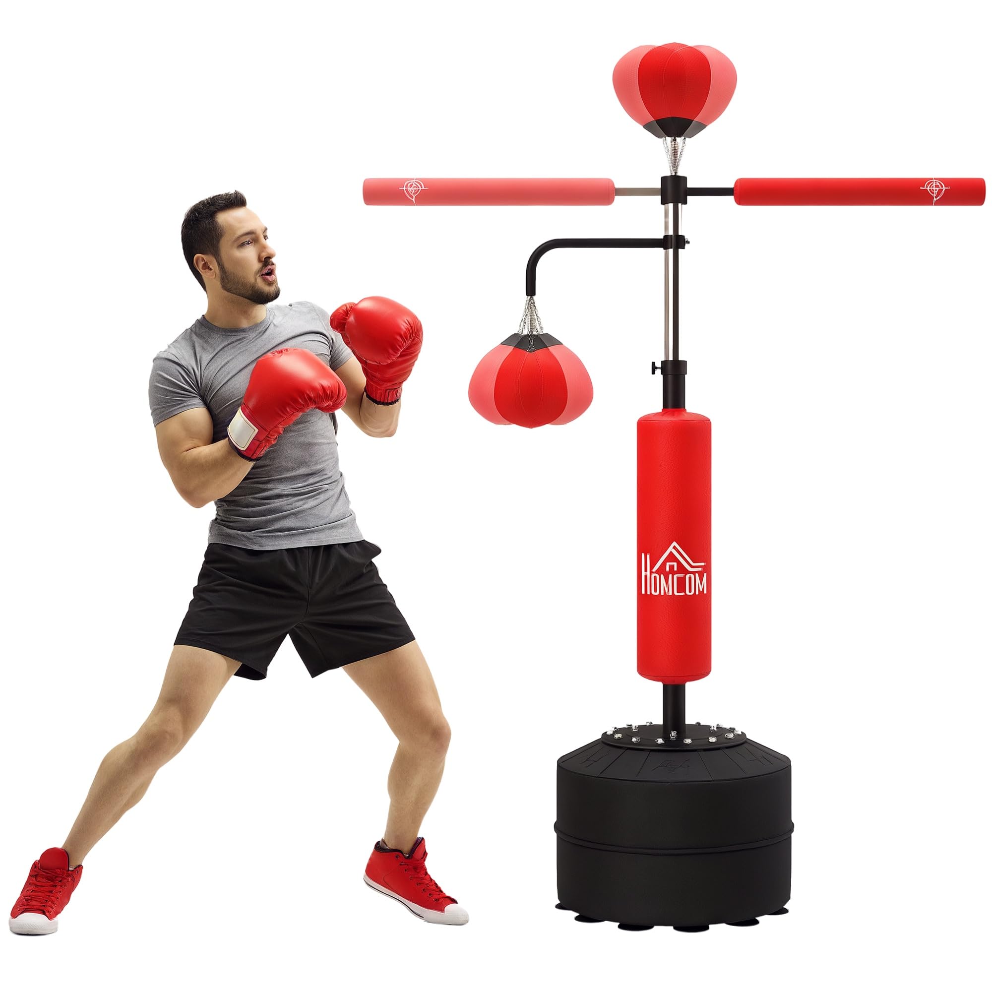 HOMCOM Sacco da Boxe da Terra 4 in 1, Sacco per Pugilato da Terra con 2 Speedball, Barra Girevole per Riflessi, Altezza Regolabile da 160-230cm, per Palestra Casa MMA Thai Adulti