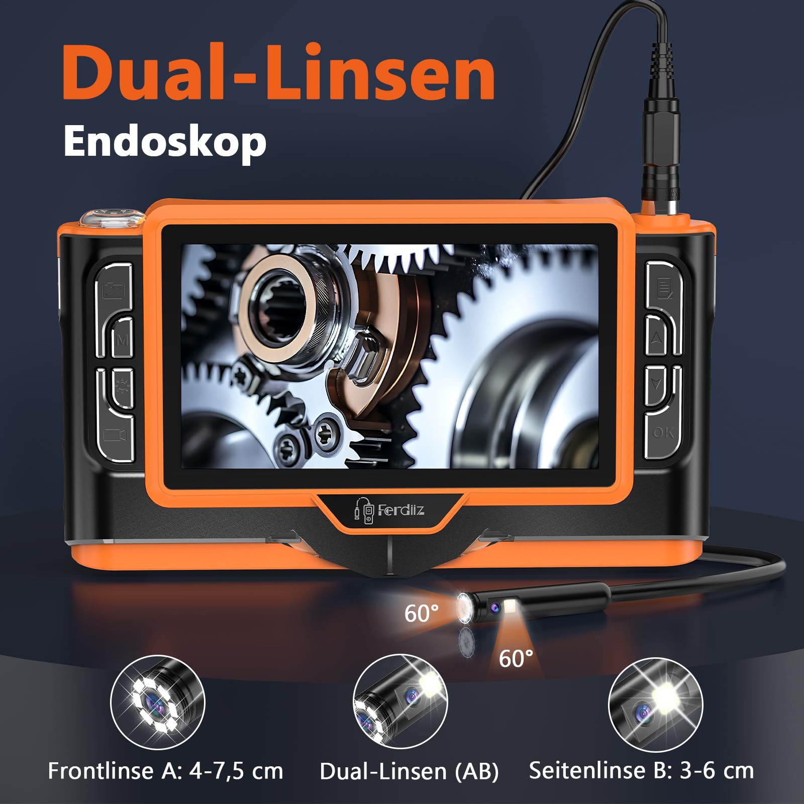 7" IPS Endoskopkamera mit Licht, 1920P HD Doppellinse - IP68 wasserdichte Inspektionskamera, 8+1 LED Rohrkamera, Halbstarres Kabel mit Taschenlampe, Auto, Rohre & Haus, Plug & Play - 5m/16ft