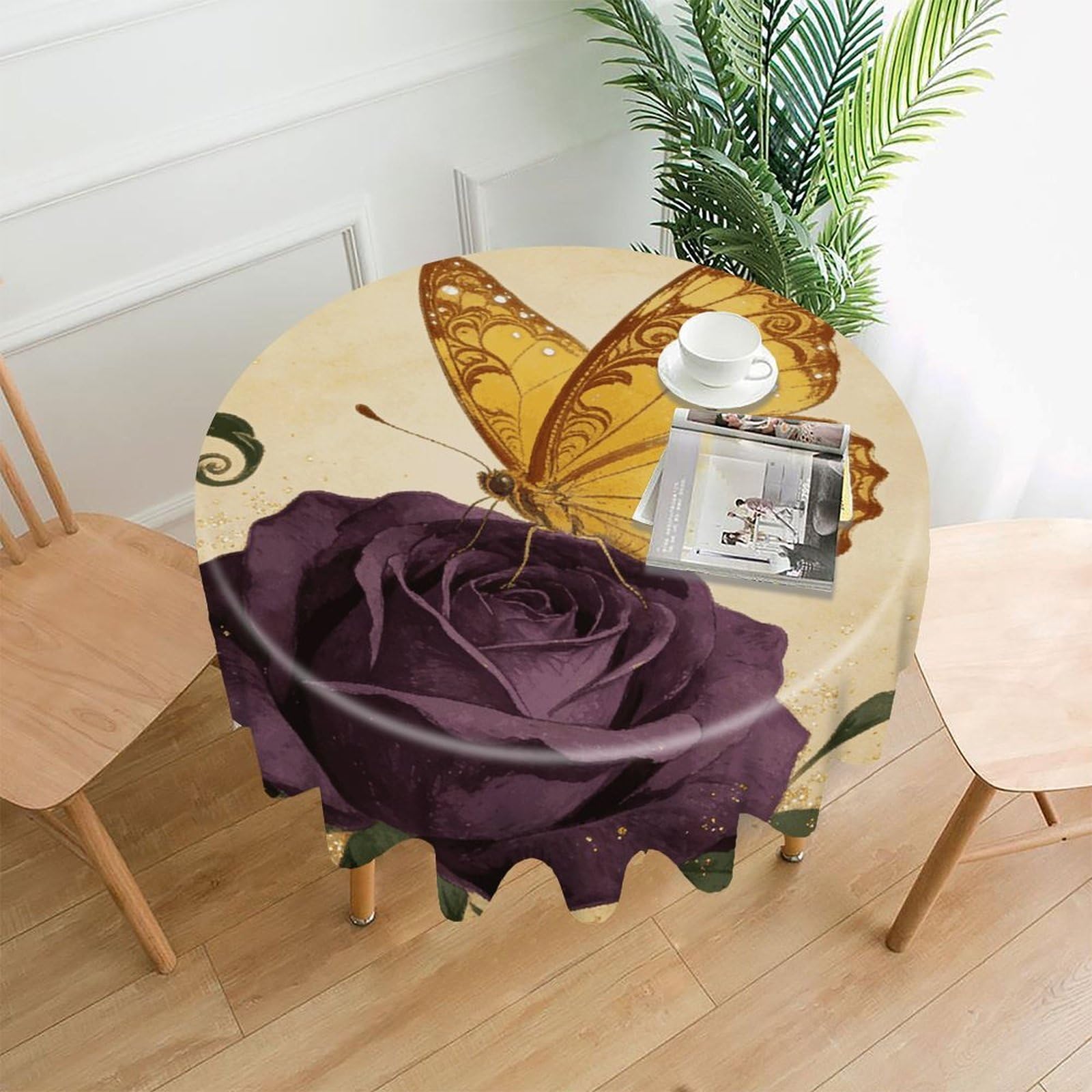 LDGSUPH Yellow Vintage Butterfly Round Tablecloth Cover Washable Luxurious Fabric Table Cover Decor Wrinkle Free Fashion Round Table Cloth for Home Dining Kitchen Party 60 in