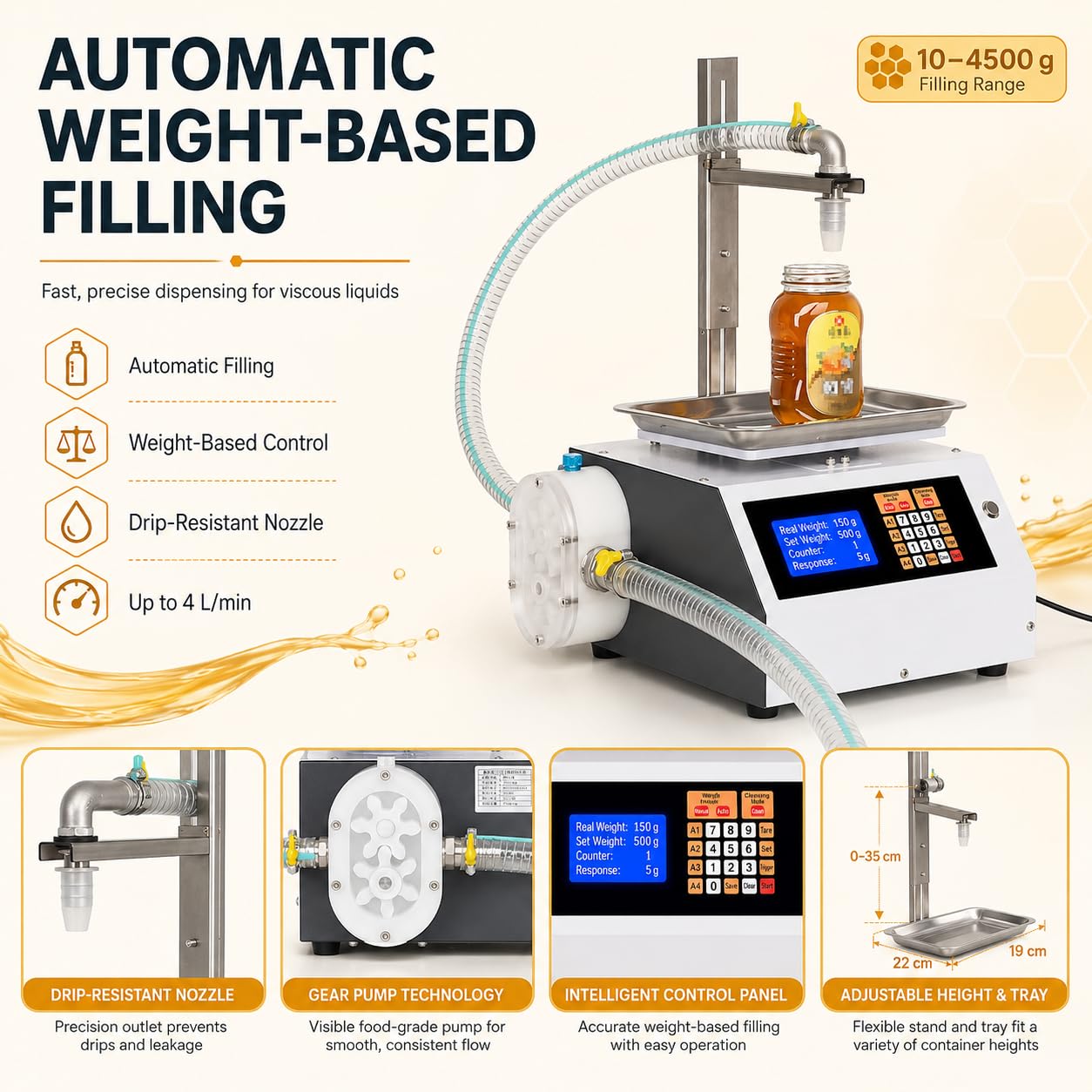 Automatische Honig-Abfüllmaschine für Gläser, Flaschen und Dicke Produkte 4L/MIN
