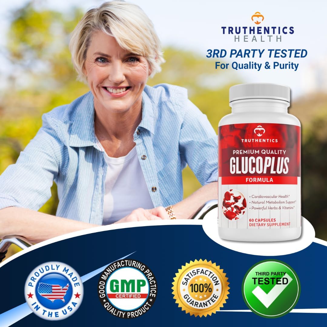 TRUTHENTICS GlucoPlus - 20 Herbs, Vitamins & Minerals with Cinnamon, Chromium, Vanadium, Bitter Melon, Alpha Lipoic Acid, Magnesium - Gluten Free, Non-GMO - 60 Capsules