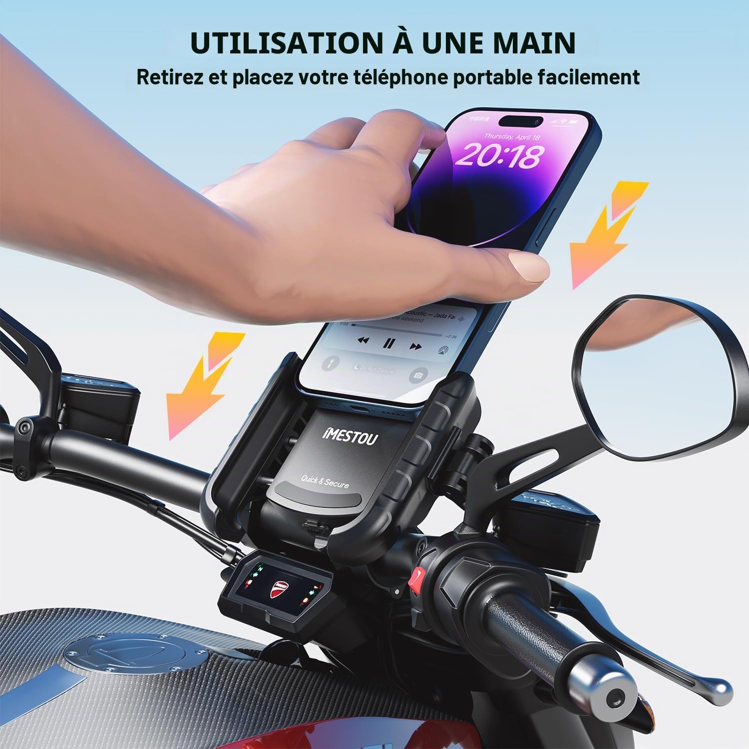 iMESTOU Support USB en aluminium pour moto avec charge rapide USB-C, convient pour téléphones de 13,7 à 18,3 cm jusqu'à 15 mm d'épaisseur, guidon 12''
