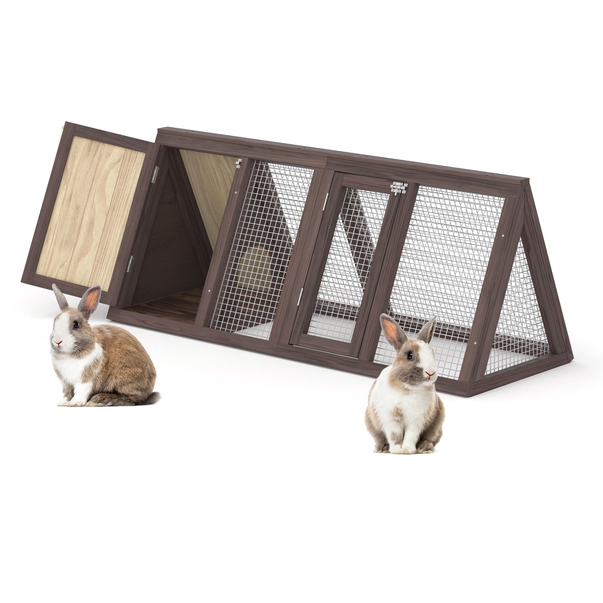 Kaninchenstall Klein Hühnerstall Outdoor A-Rahmen Wachtelkäfig mit 2 Tür & Auslauf Käfig Holz Dreieck Wachtelstall mit Belüftungsdraht Geflügelstall für Kleintiere (Braun)