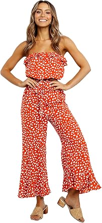 Anna-Kaci Womens Sexy Tube Top Jumpsuit Off Shoulder Polka Dot Belt Wide Flared Leg Chiffon Romper