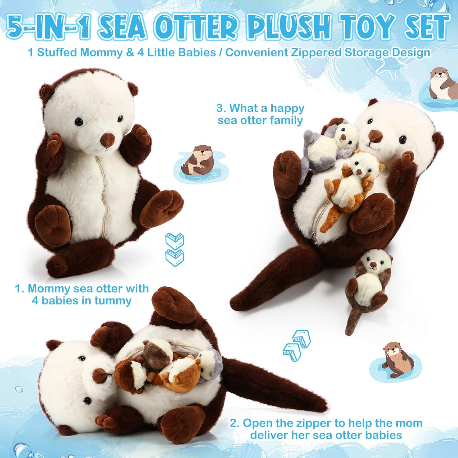 Shappy 5 Pcs Valentine's Day Sea Otter Stuffed Animals Large Mommy Sea Otter Stuffy Plush with 4 Cute Babies in Her Zippered Belly Soft Cuddly Plushies for Birthday Gifts Ocean Party Decors(Brown)