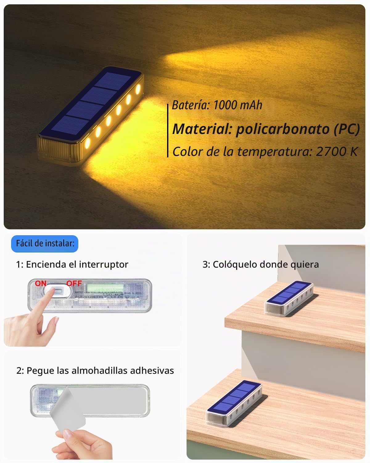 DetarZinLED Luces Solares LED Exterior Jardin, 4 uds Luces Solares Exterior Luz LED Escaleras Impermeable IP68, Blanco Cálido Luz Exteriores Solar para Escaleras, Jardin, Patios, Terraza, Valla, Deck