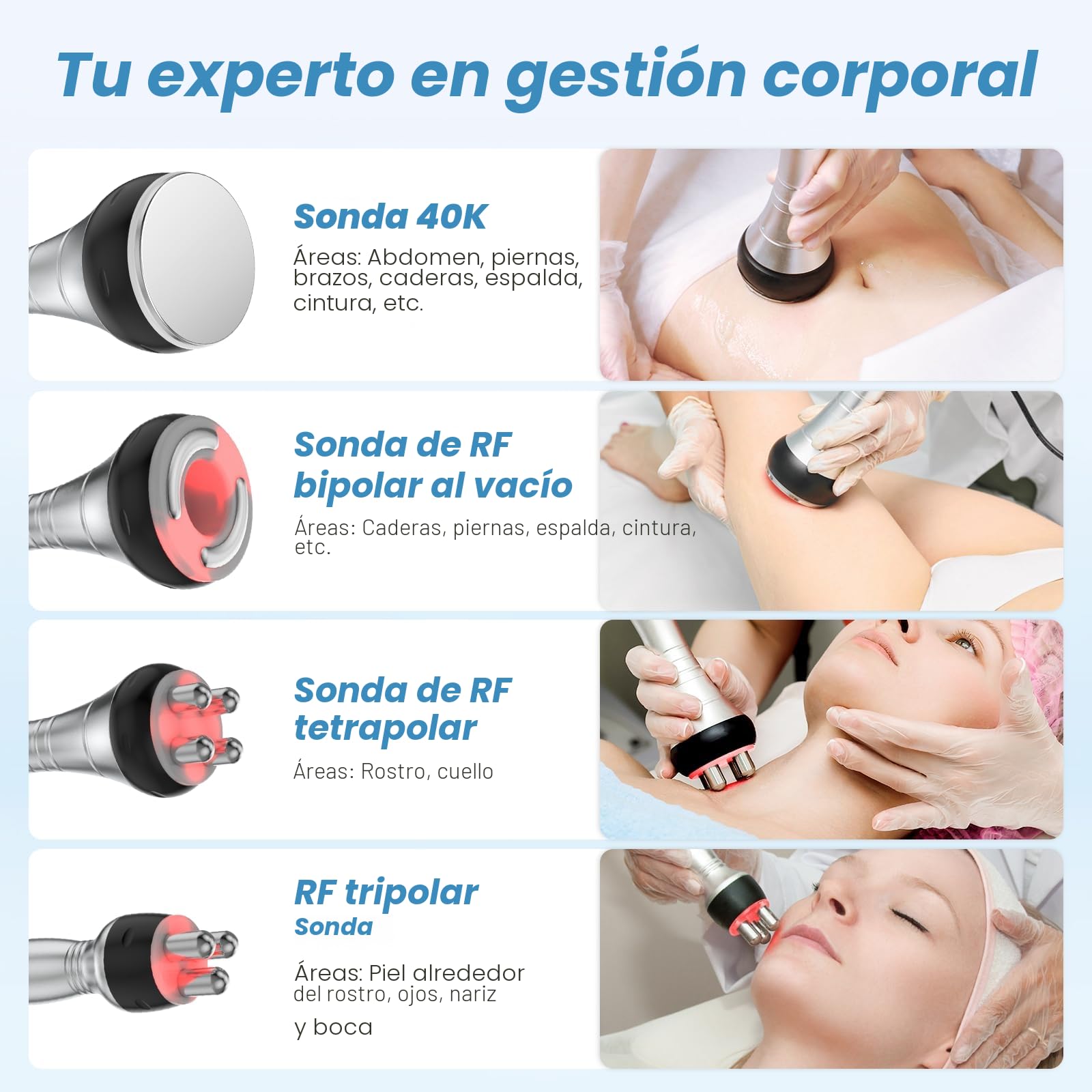 Anticelulítico 4 en 1 40K Cavitación y radiofrecuencia | 10 niveles, pantalla táctil, luz roja y calor, rostro y cuerpo, cuidado en casa