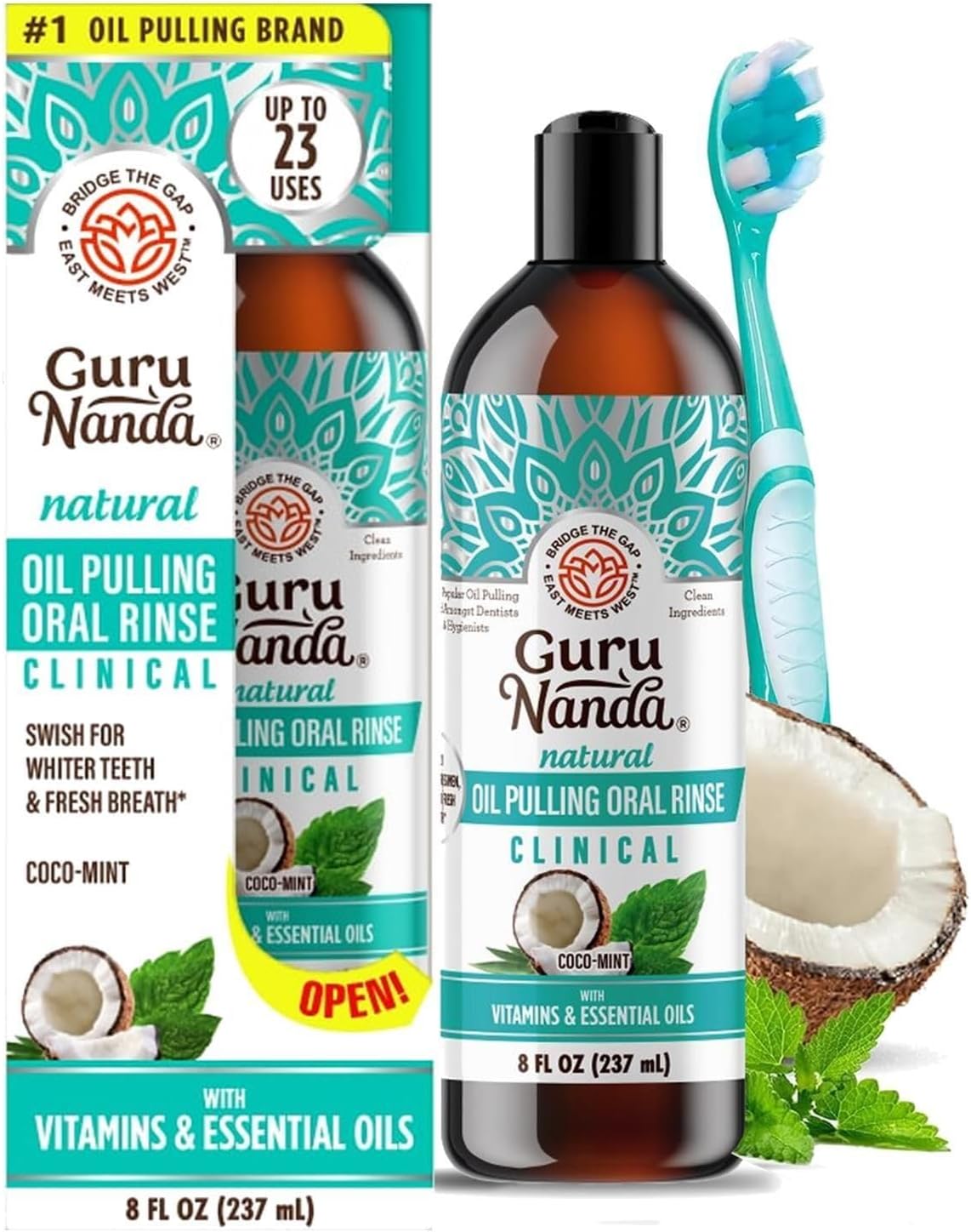 GuruNanda Old Whitening Pulling Oil & Dental Kit, Ayurvedic Blend of Coconut & Pure Peppermint Essential Oil. Natural TeethWhitening Oral Rinse, Helps Bad Breath, Healthy Gums (8 fl. oz. x 2)