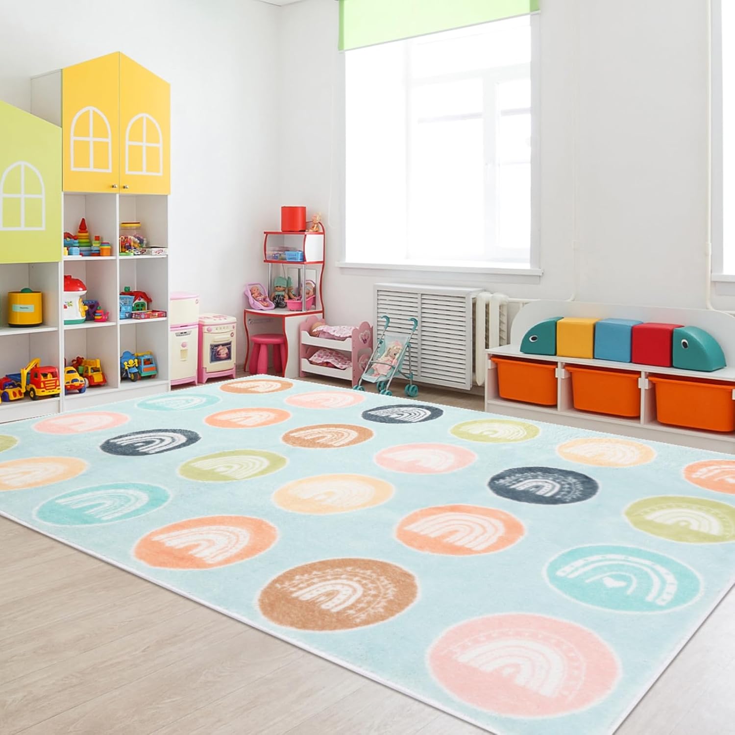 Pastel Rainbow Classroom Rug Seats 24, Large Educational Area Rug for Classroom Blue Play Carpet for Teaching and Playroom, 6.5‘ x 10.5‘