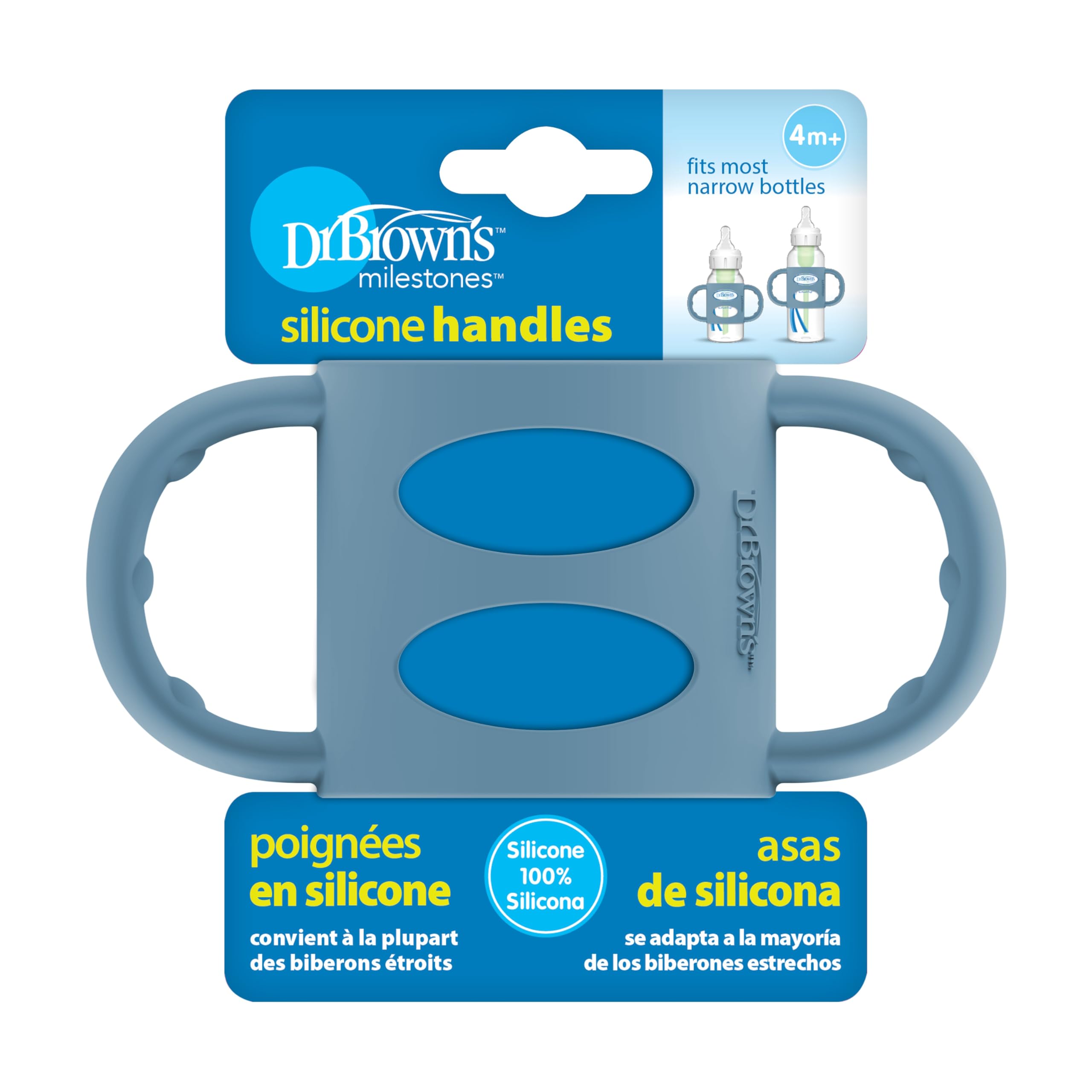 Dr. Brown'sNarrow Baby Bottle Handles, 100% Silicone, Easy Grip Removable Handles for Bottle to Sippy Cup Transition, Blue, 4m+