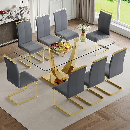 Miniatura 46 de Juego de mesa de comedor para 4, 63 pulgadas, juego de mesa de comedor de vidrio templado negro para 4 personas con sillas de poliuretano, moderno